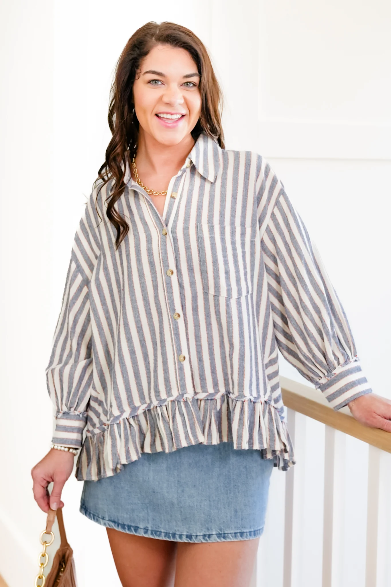 Striped 3/4 Sleeve Button Down Ruffle Top - Image 2
