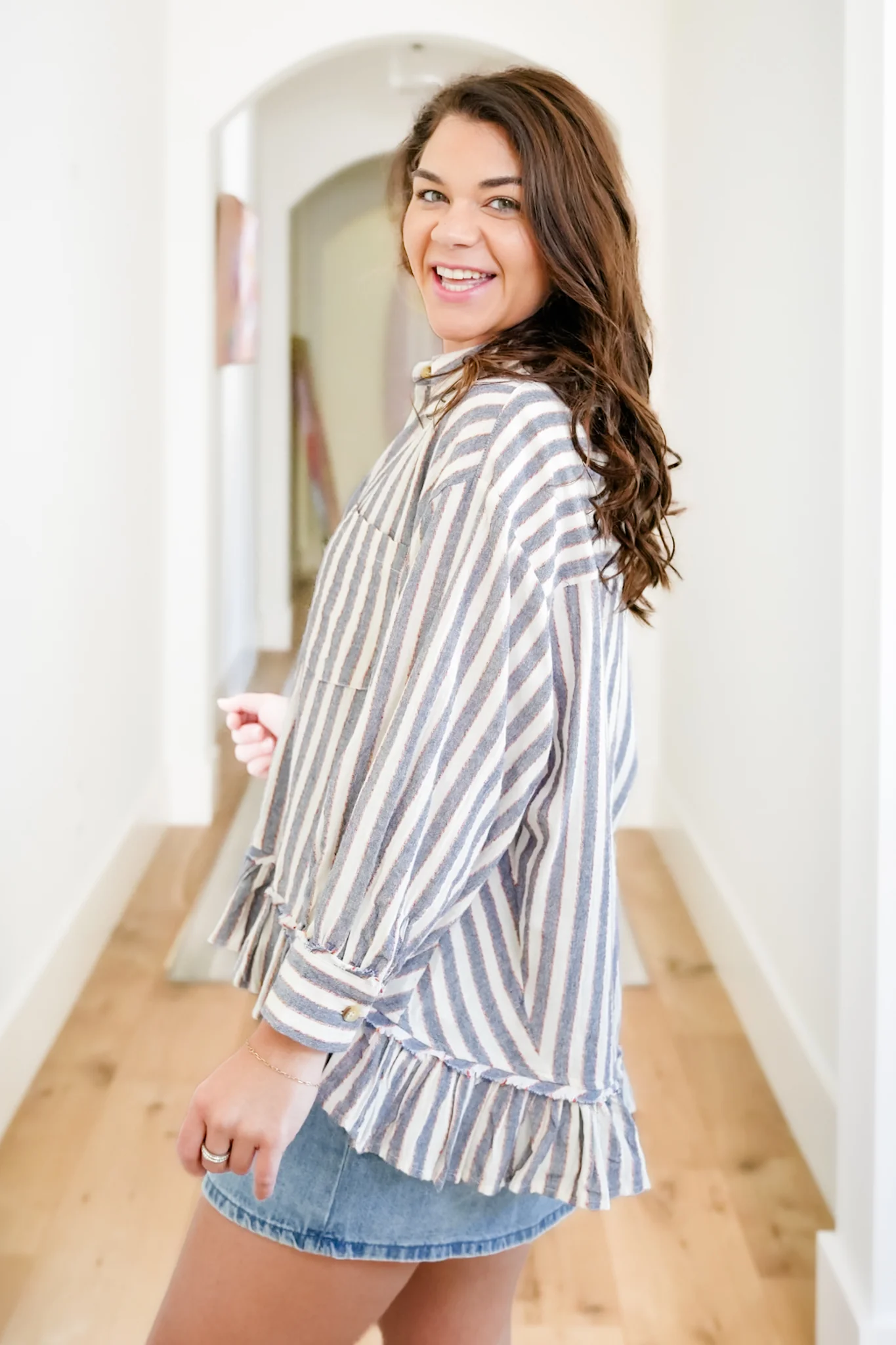 Striped 3/4 Sleeve Button Down Ruffle Top - Image 6
