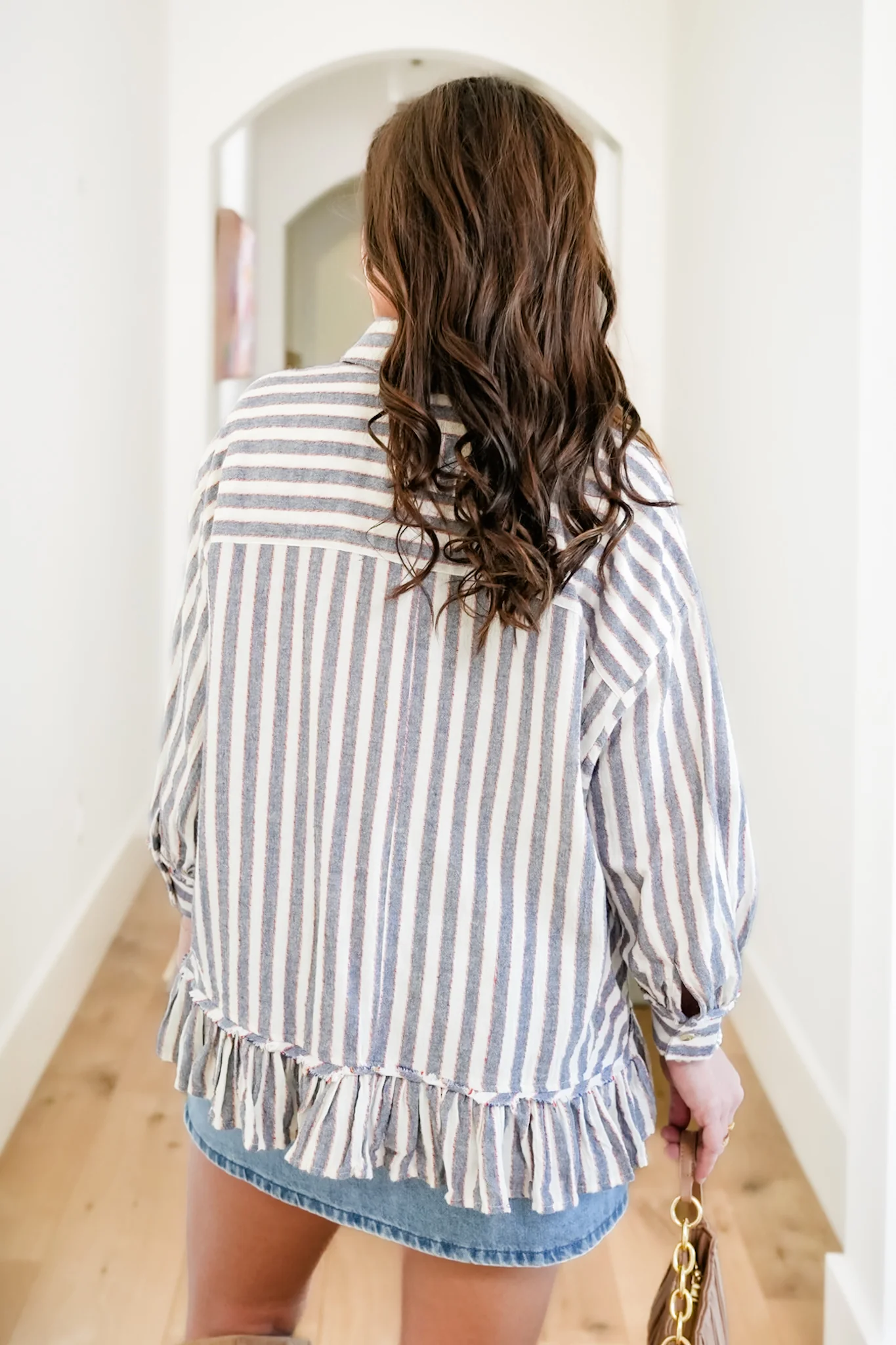 Striped 3/4 Sleeve Button Down Ruffle Top - Image 7