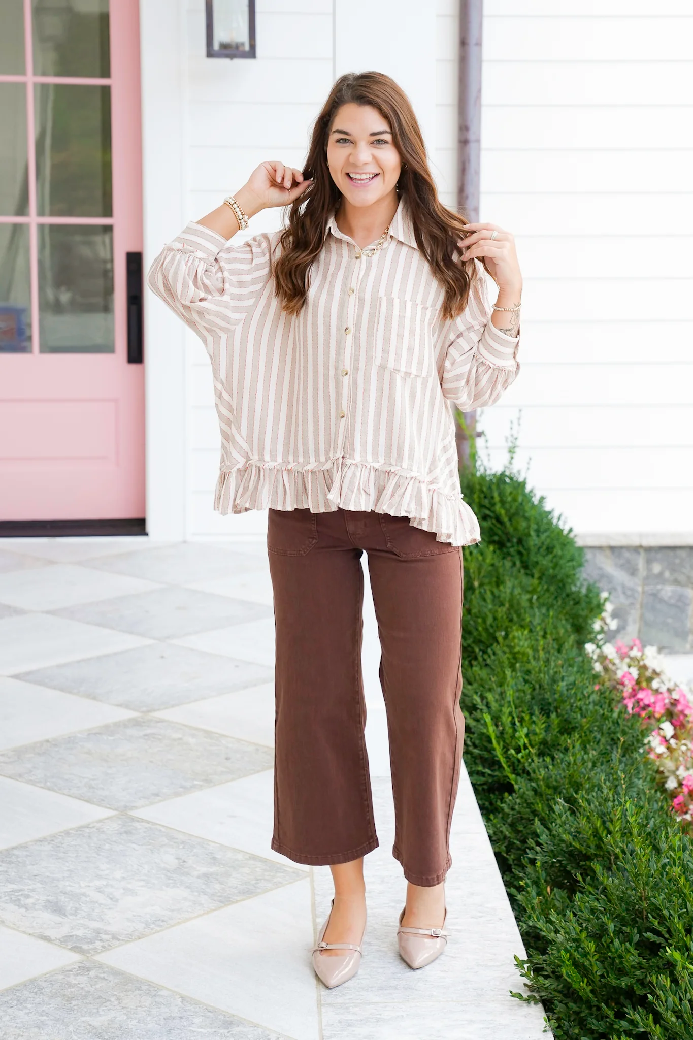 Striped 3/4 Sleeve Button Down Ruffle Top - Image 9