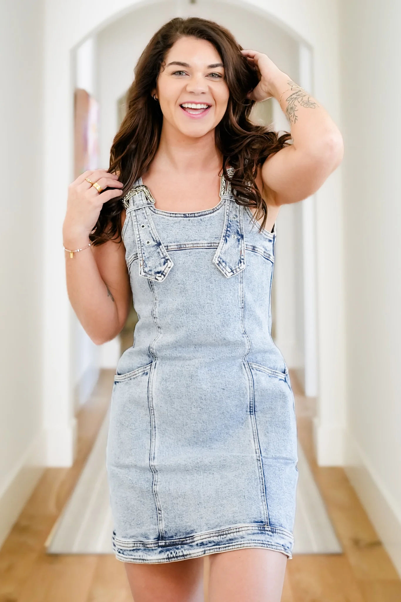 Acid Wash Sleeveless Mini Dress with Buckle Straps - Image 7