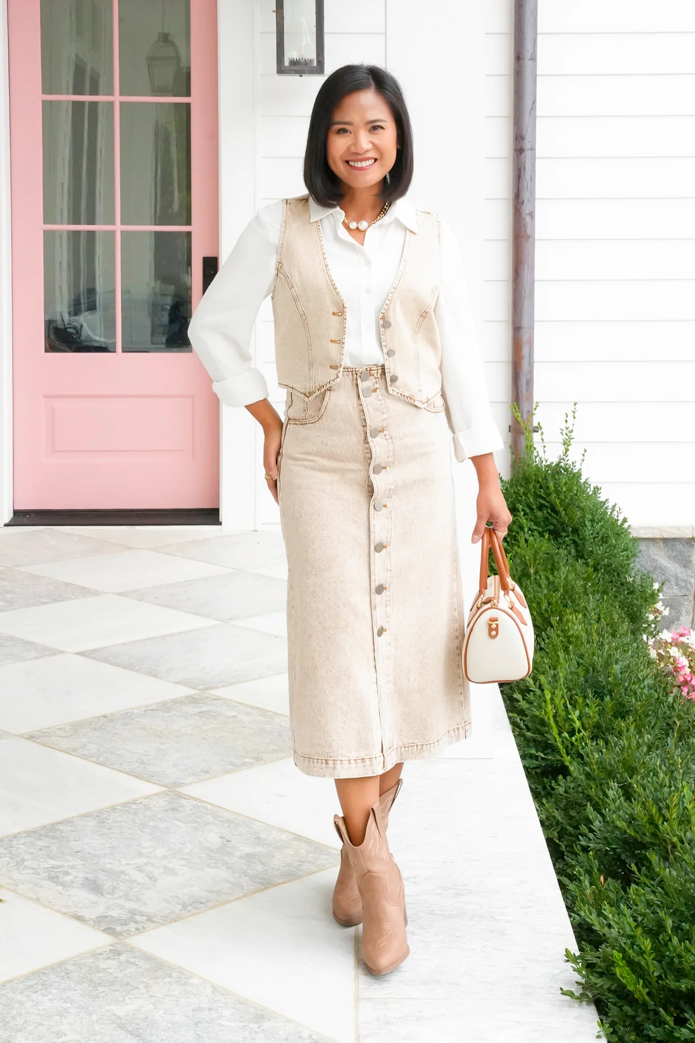 Acid Washed Button Down Vest and Midi Skirt Set - Image 10