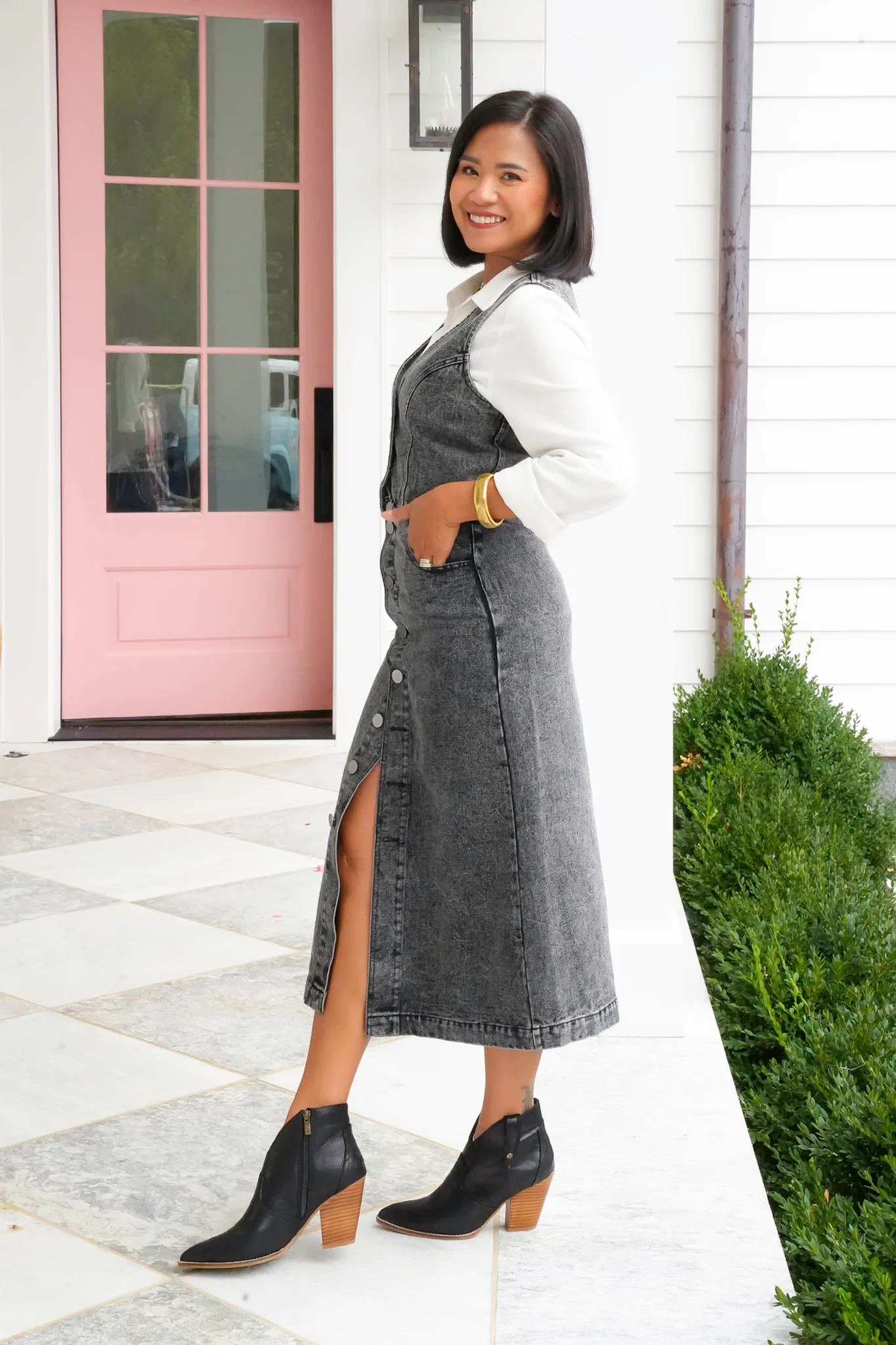 Acid Washed Button Down Vest and Midi Skirt Set - Image 6