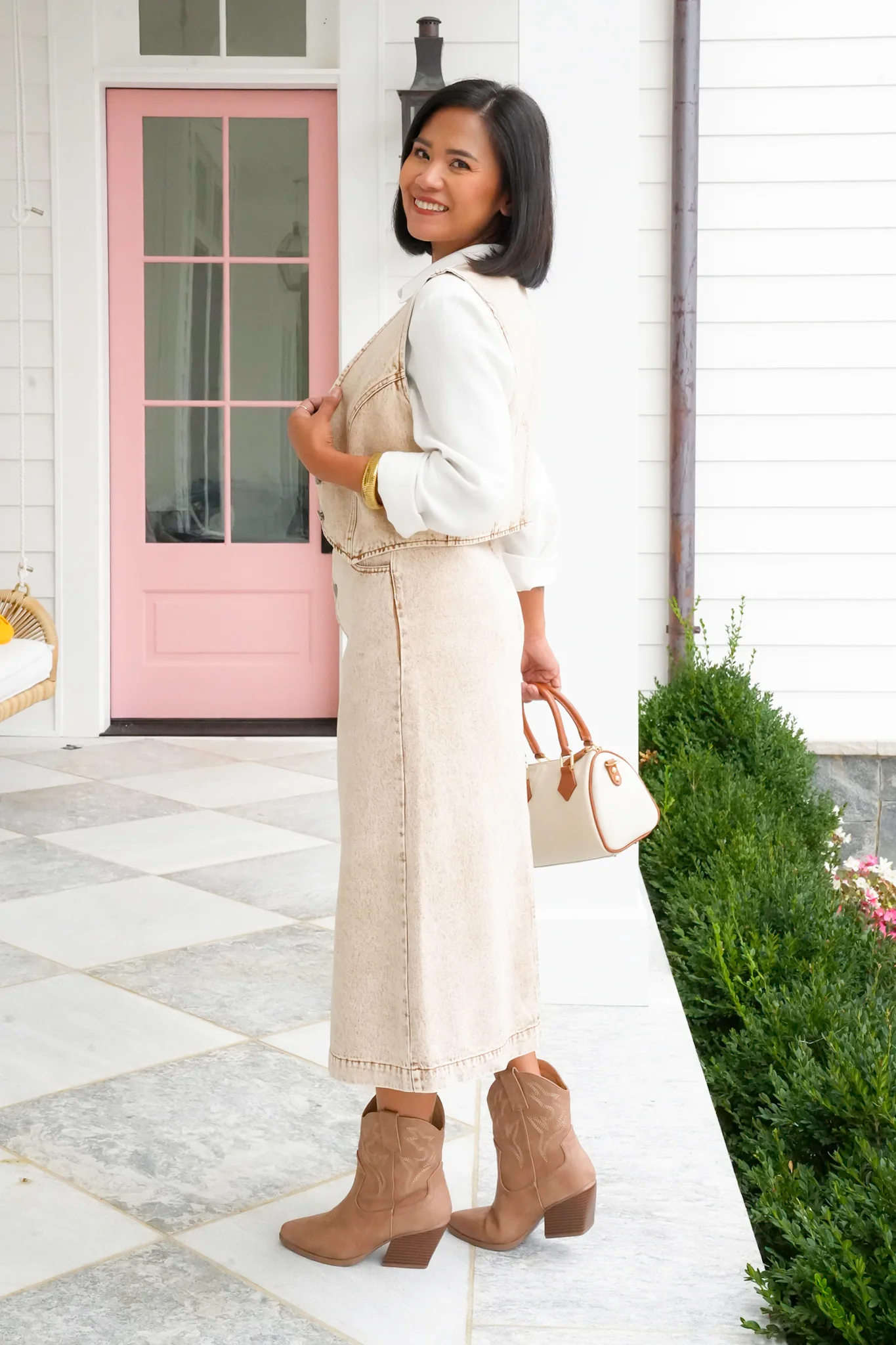 Acid Washed Button Down Vest and Midi Skirt Set - Image 7