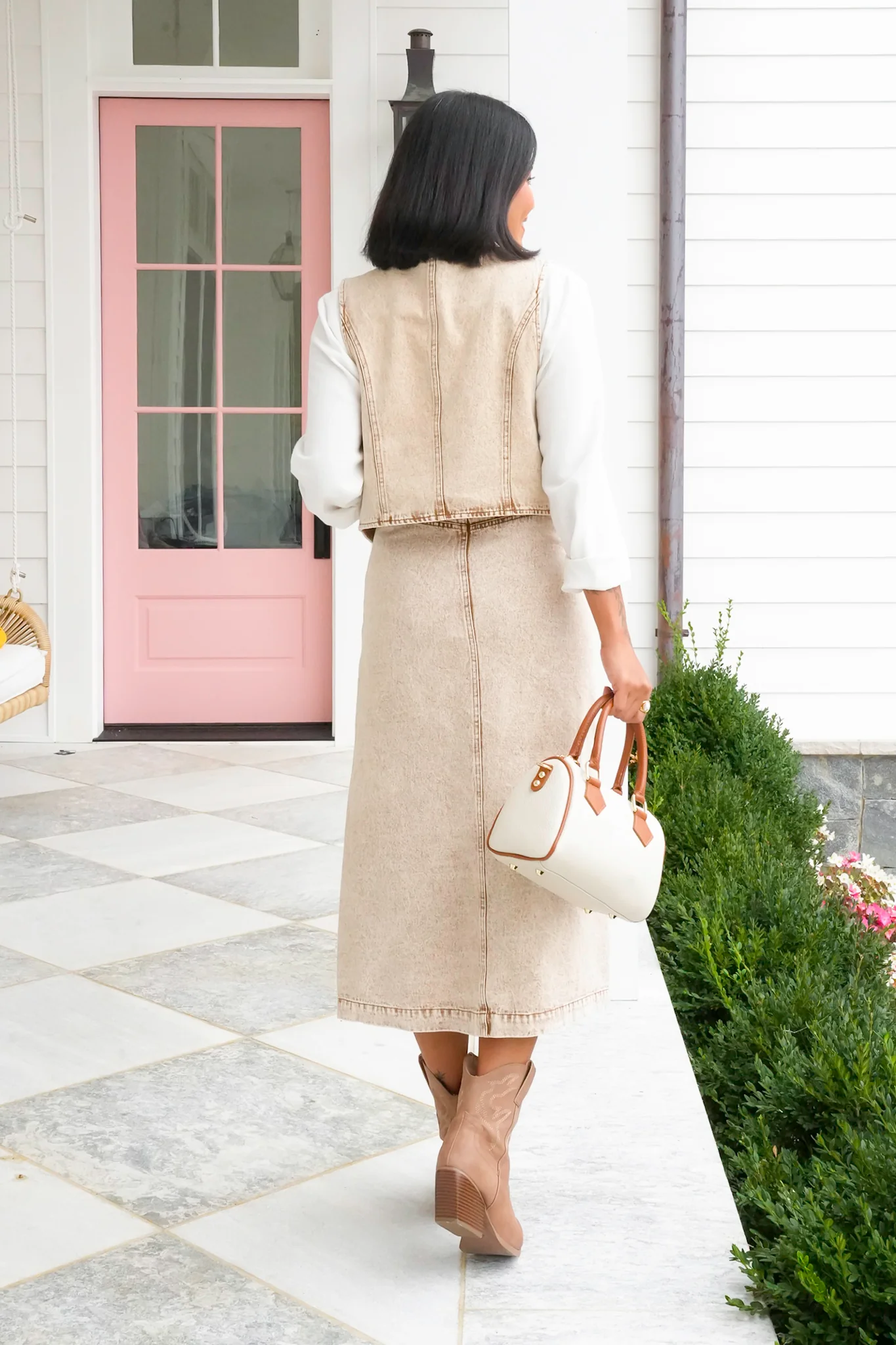 Acid Washed Button Down Vest and Midi Skirt Set - Image 8