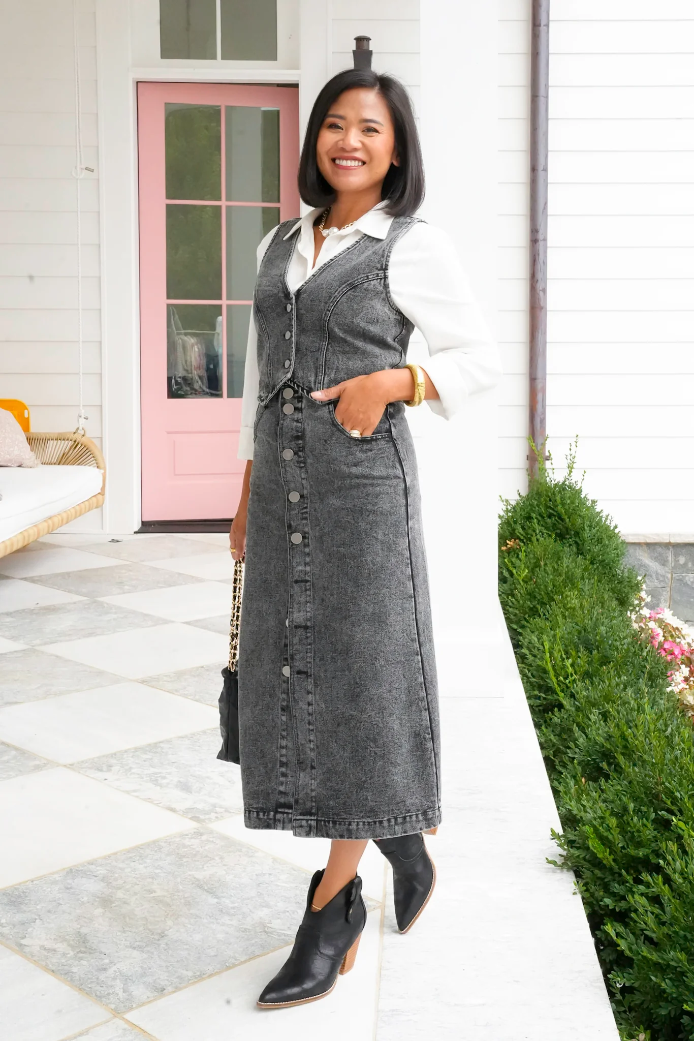 Acid Washed Button Down Vest and Midi Skirt Set - Image 9