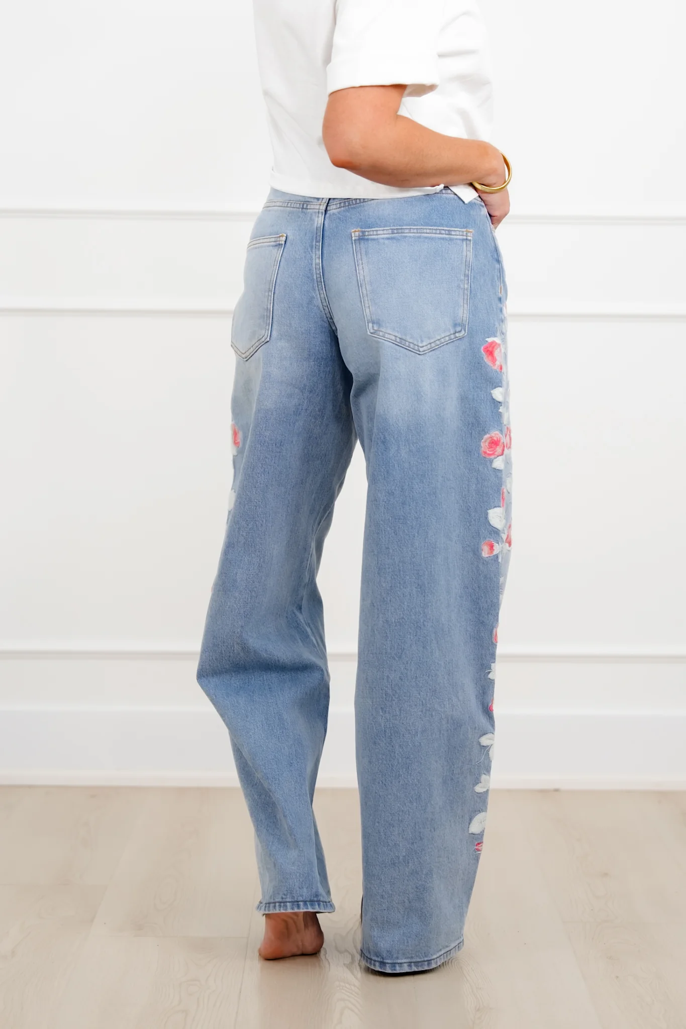 Bayeas High Rise Light Wash Barrel Jeans with Floral Embroidery - Image 4