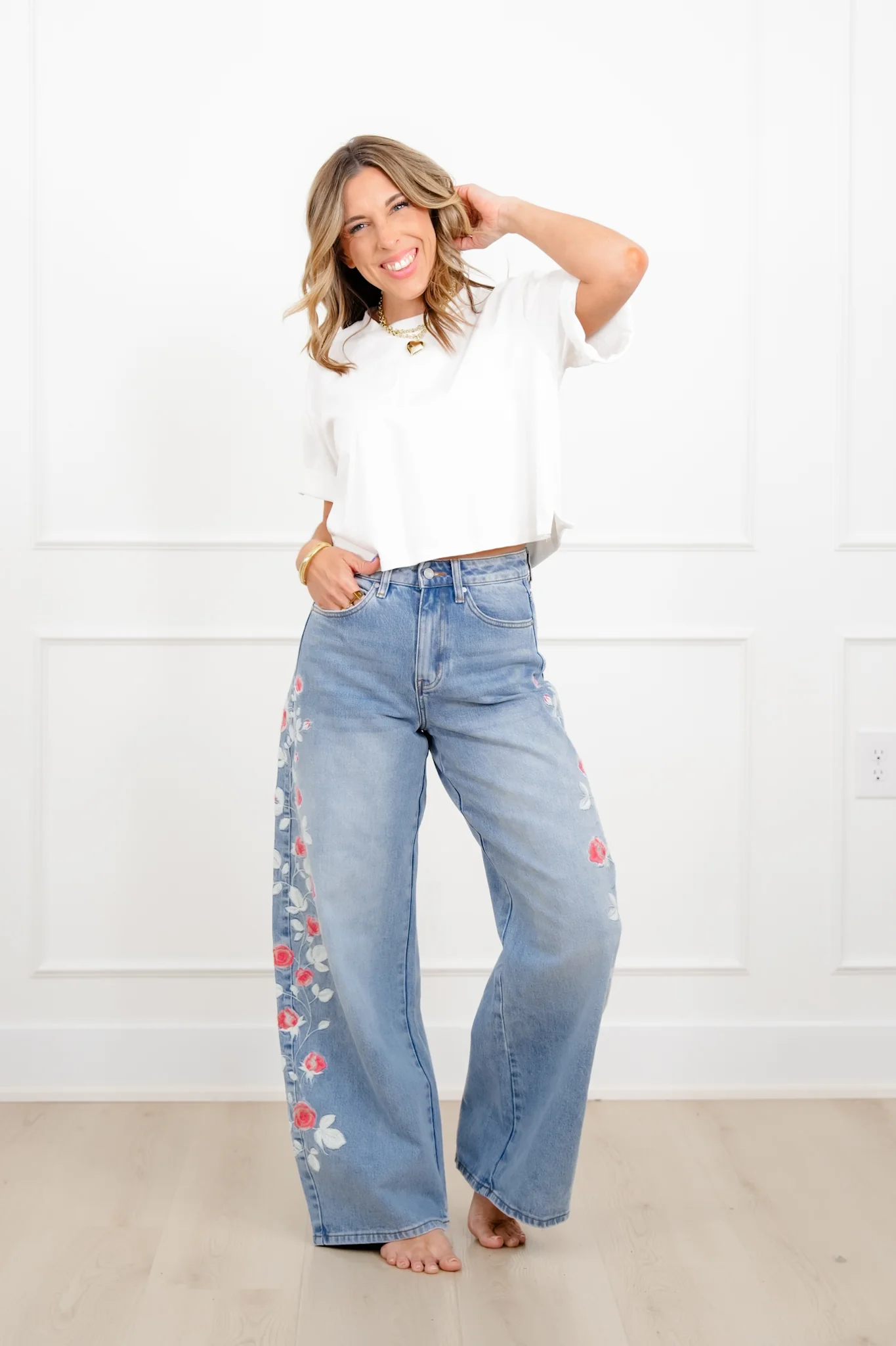 Bayeas High Rise Light Wash Barrel Jeans with Floral Embroidery - Image 6