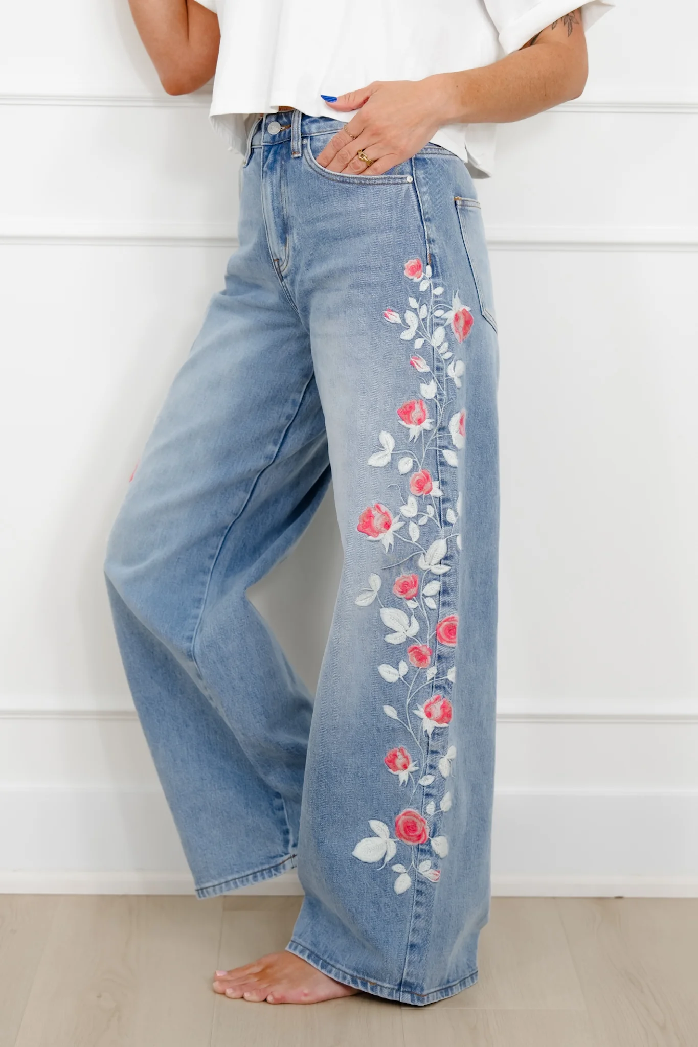 Bayeas High Rise Light Wash Barrel Jeans with Floral Embroidery - Image 7