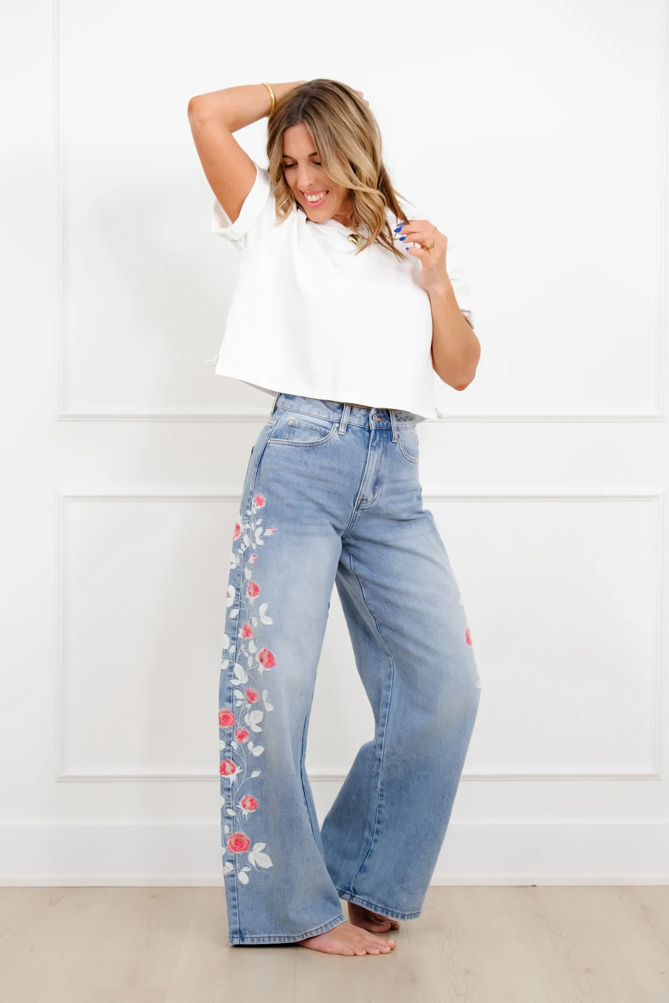 Bayeas High Rise Light Wash Barrel Jeans with Floral Embroidery - Image 9