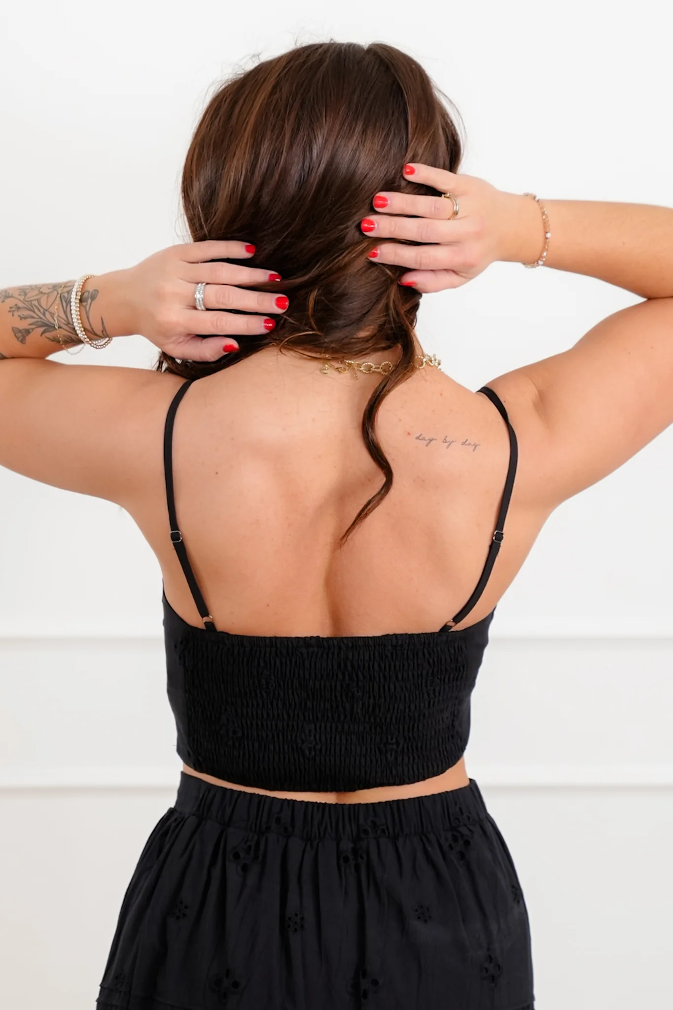 Black Eyelet Cropped Top with Cut Out Detail - Image 3