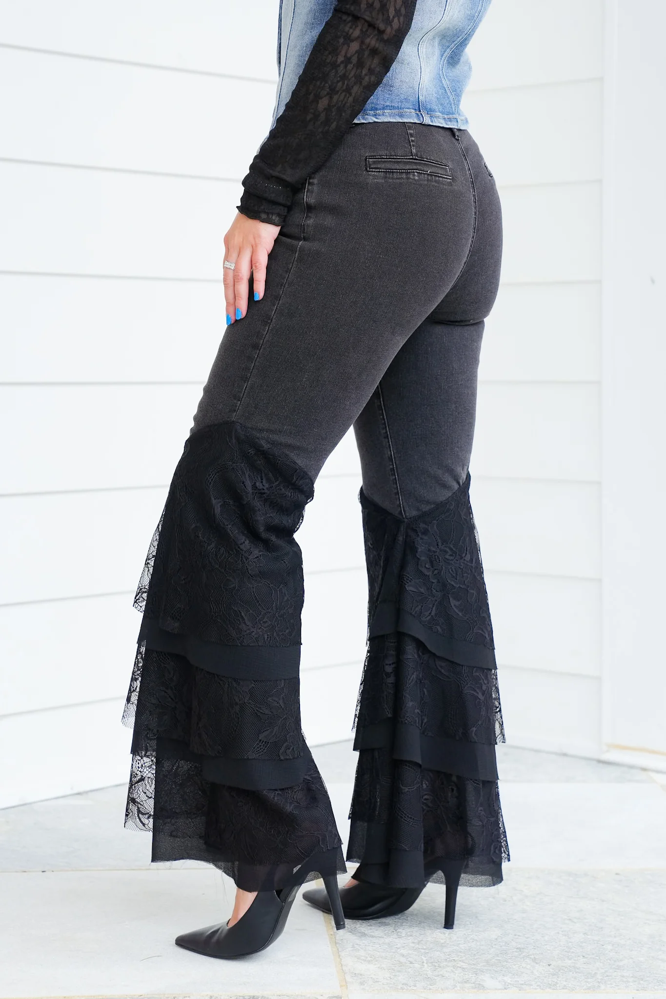 Black Mid Rise Flared Tiered Lace Jeans - Image 3