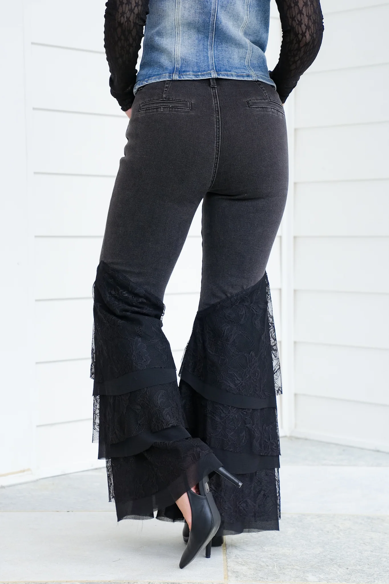 Black Mid Rise Flared Tiered Lace Jeans - Image 4