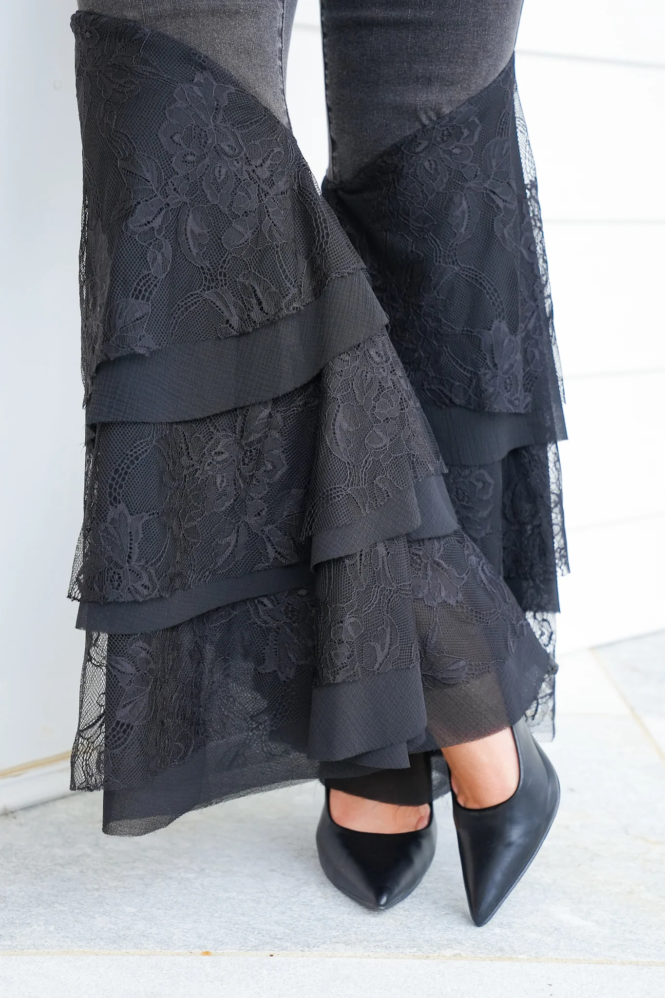 Black Mid Rise Flared Tiered Lace Jeans - Image 6