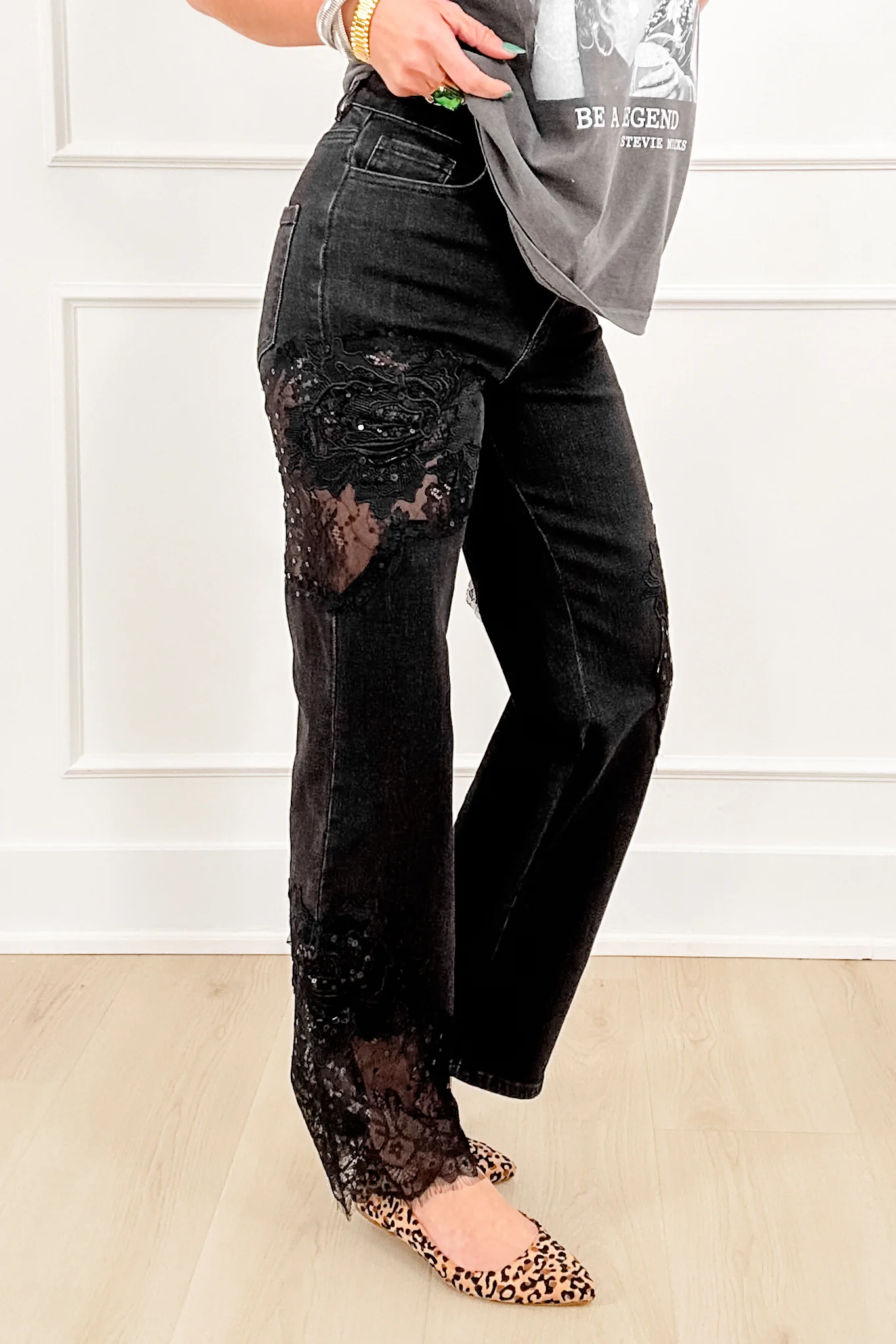 Black Straight Leg Jeans with Lace Patchwork - Image 3