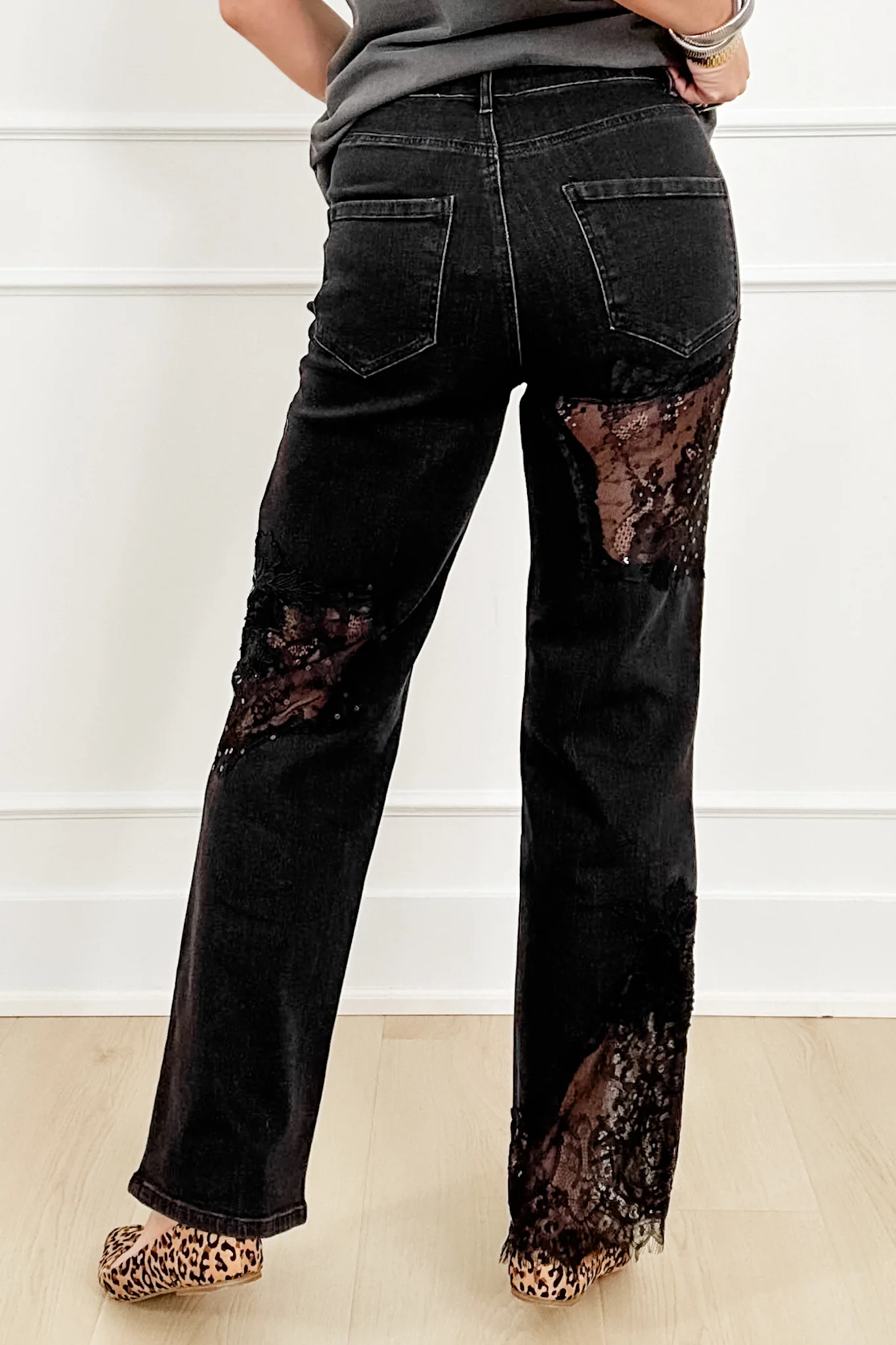 Black Straight Leg Jeans with Lace Patchwork - Image 4