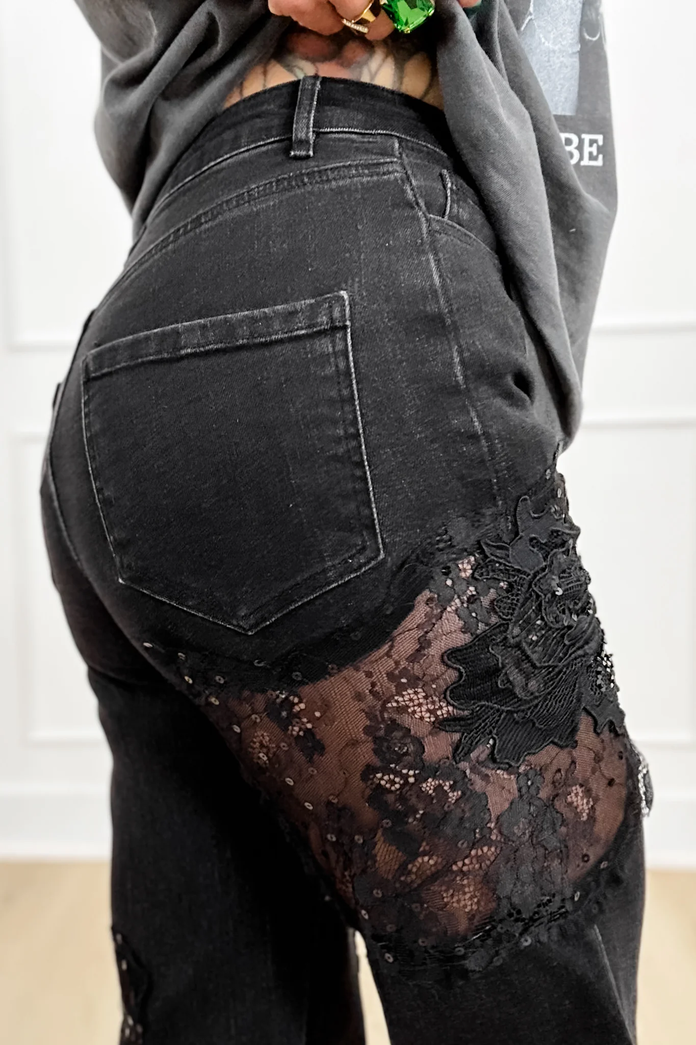 Black Straight Leg Jeans with Lace Patchwork - Image 5