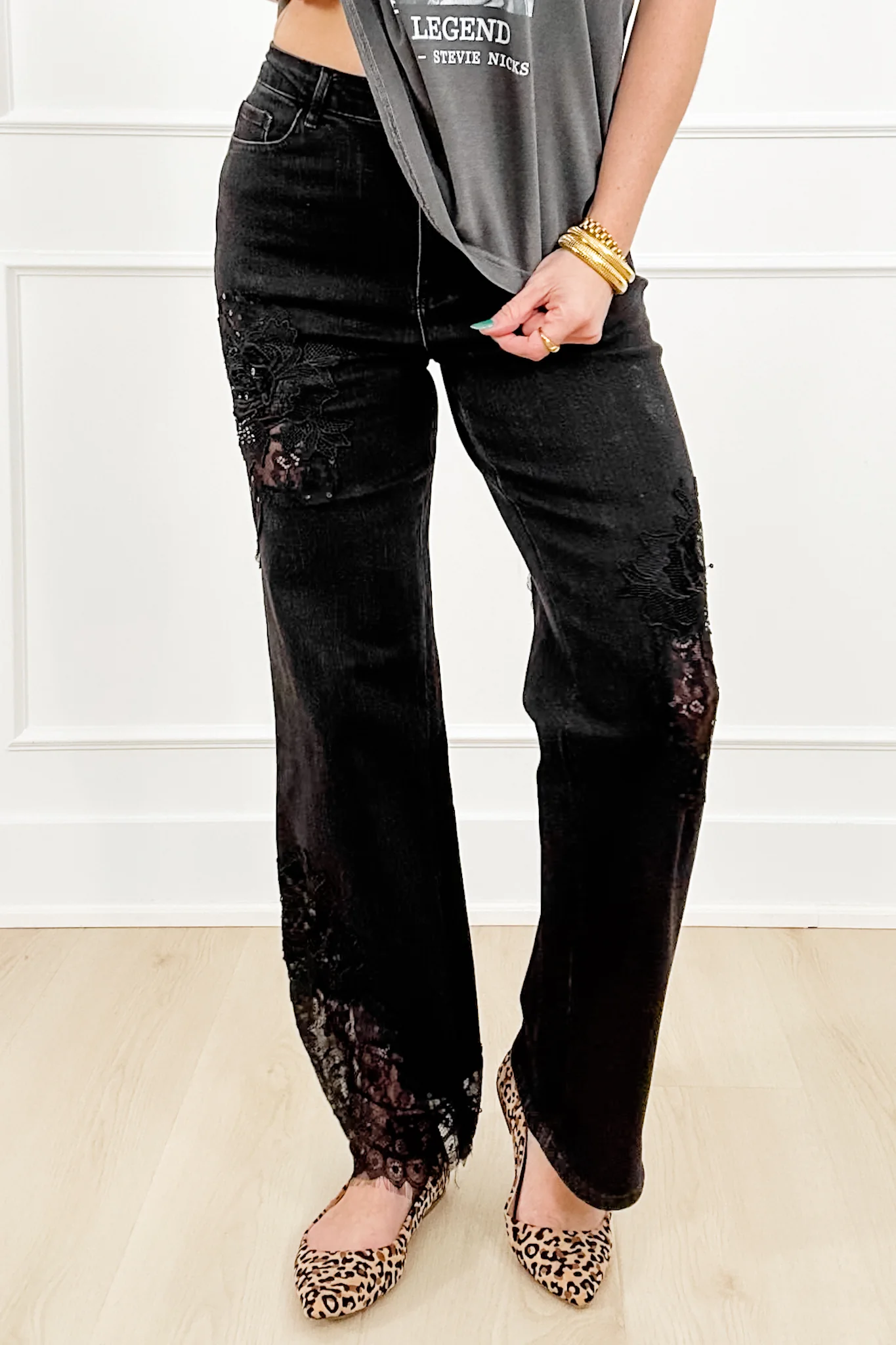 Black Straight Leg Jeans with Lace Patchwork - Image 6