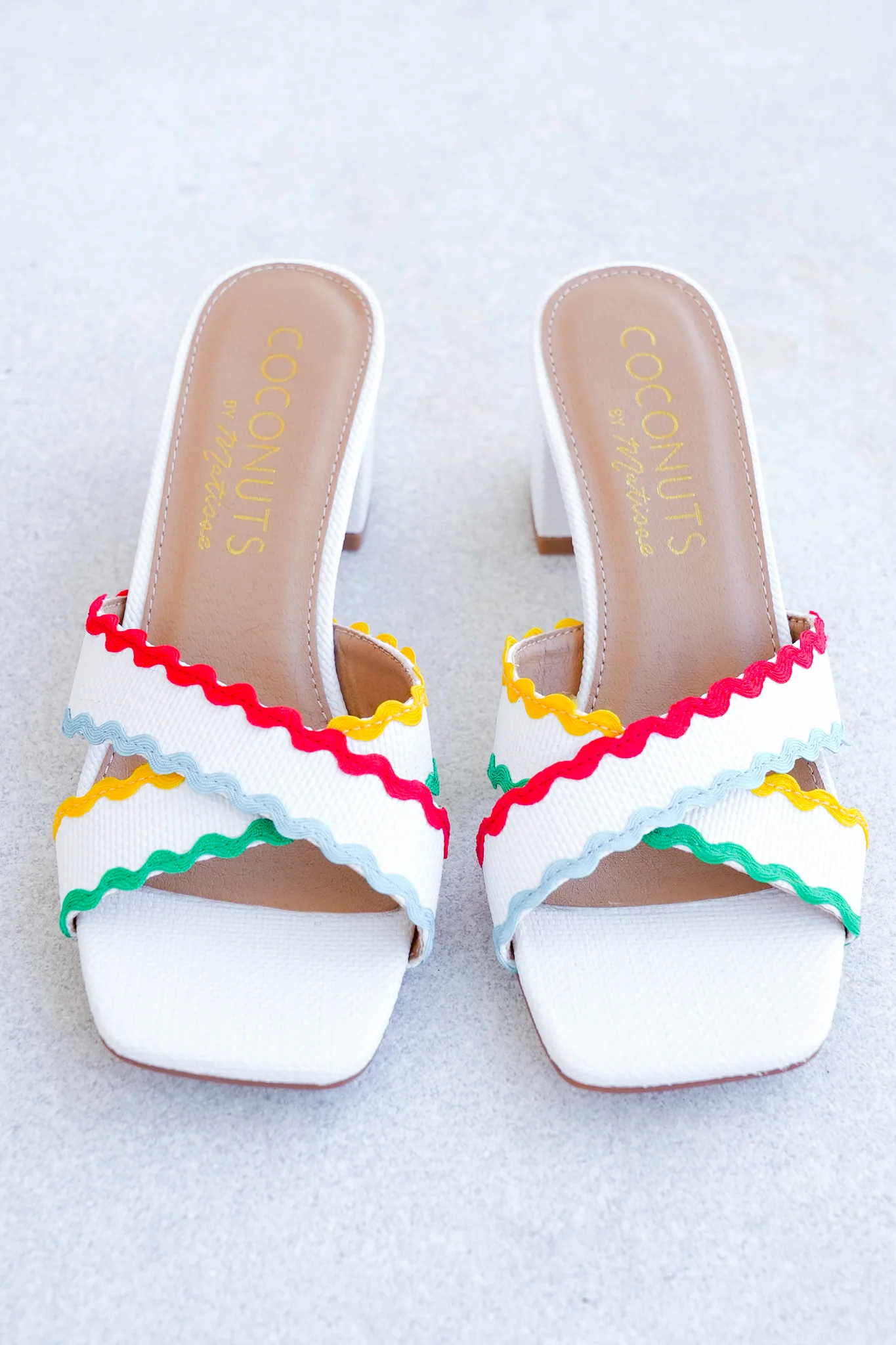 Block Heel Slide Sandals with Colorful Wavy Trim Accents - Image 2