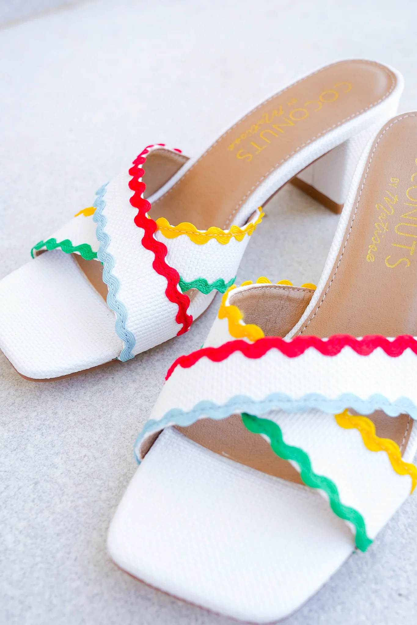 Block Heel Slide Sandals with Colorful Wavy Trim Accents - Image 3