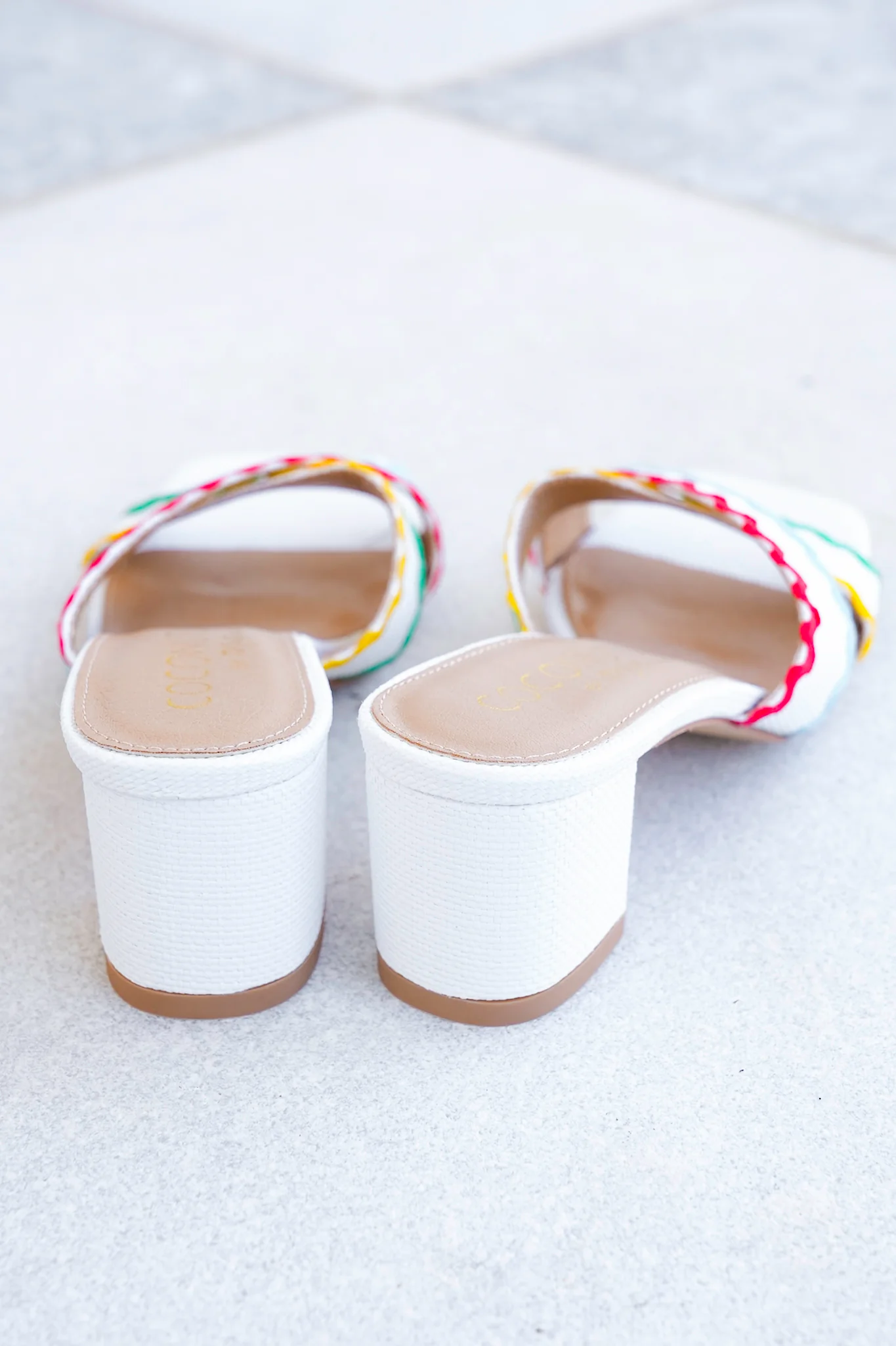 Block Heel Slide Sandals with Colorful Wavy Trim Accents - Image 5