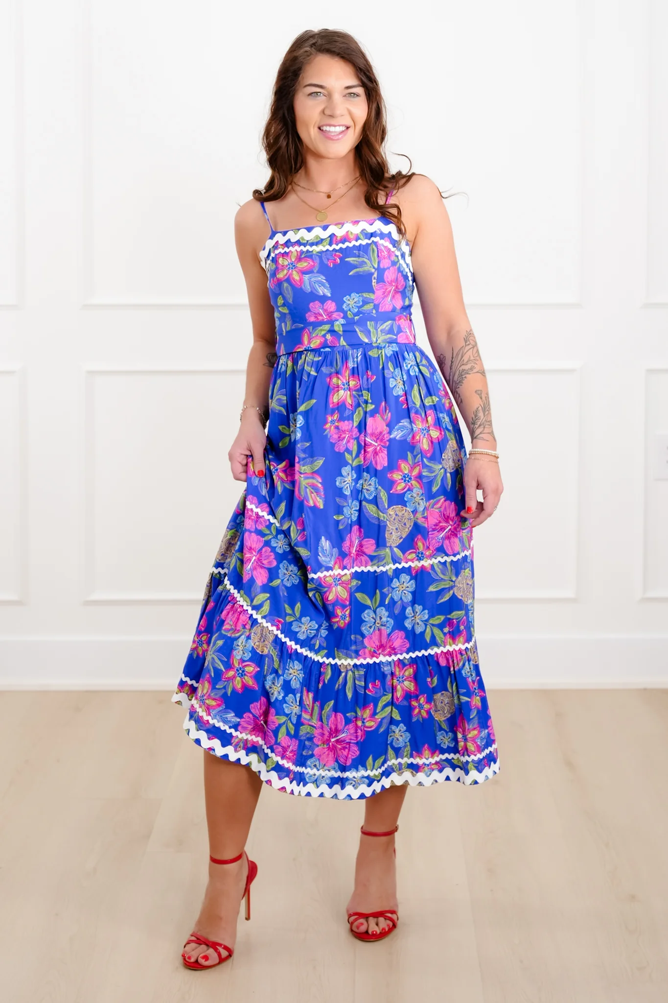 Blue Floral Sleeveless Midi Dress with Ric Rac Trim Detail - Image 6