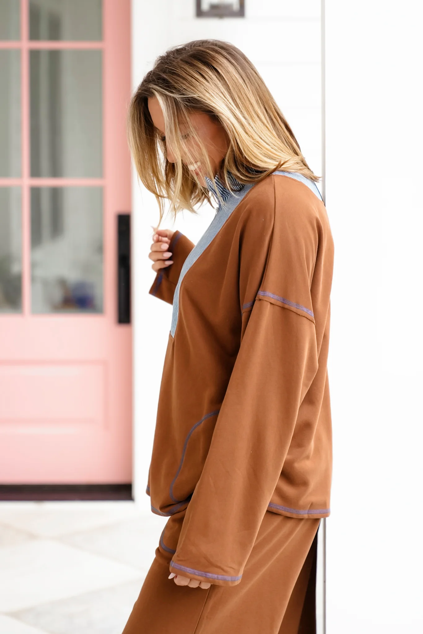 Brown Long Sleeve Half Zip Up Top With Stripes - Image 4