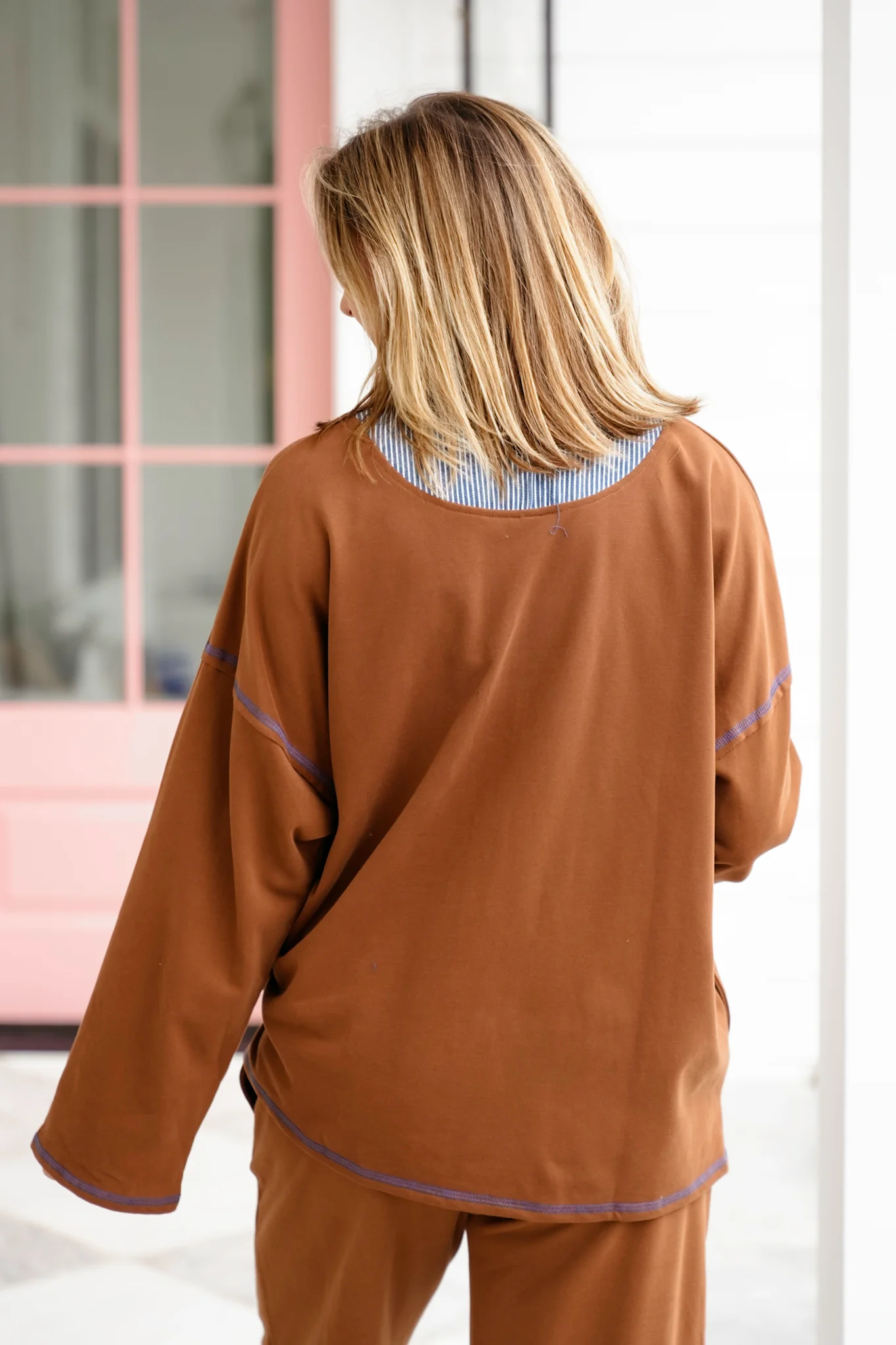 Brown Long Sleeve Half Zip Up Top With Stripes - Image 5