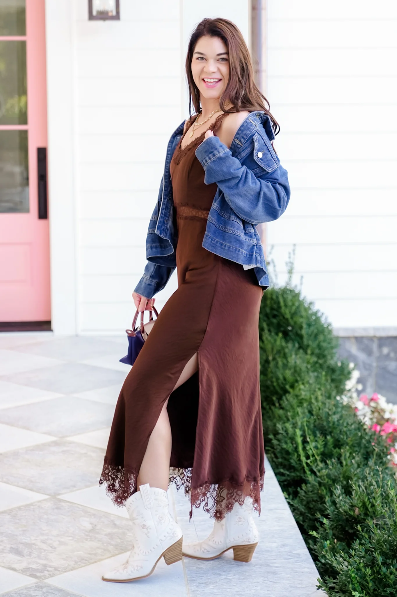 Brown Satin Sleeveless Maxi Dress with Lace Trim - Image 3