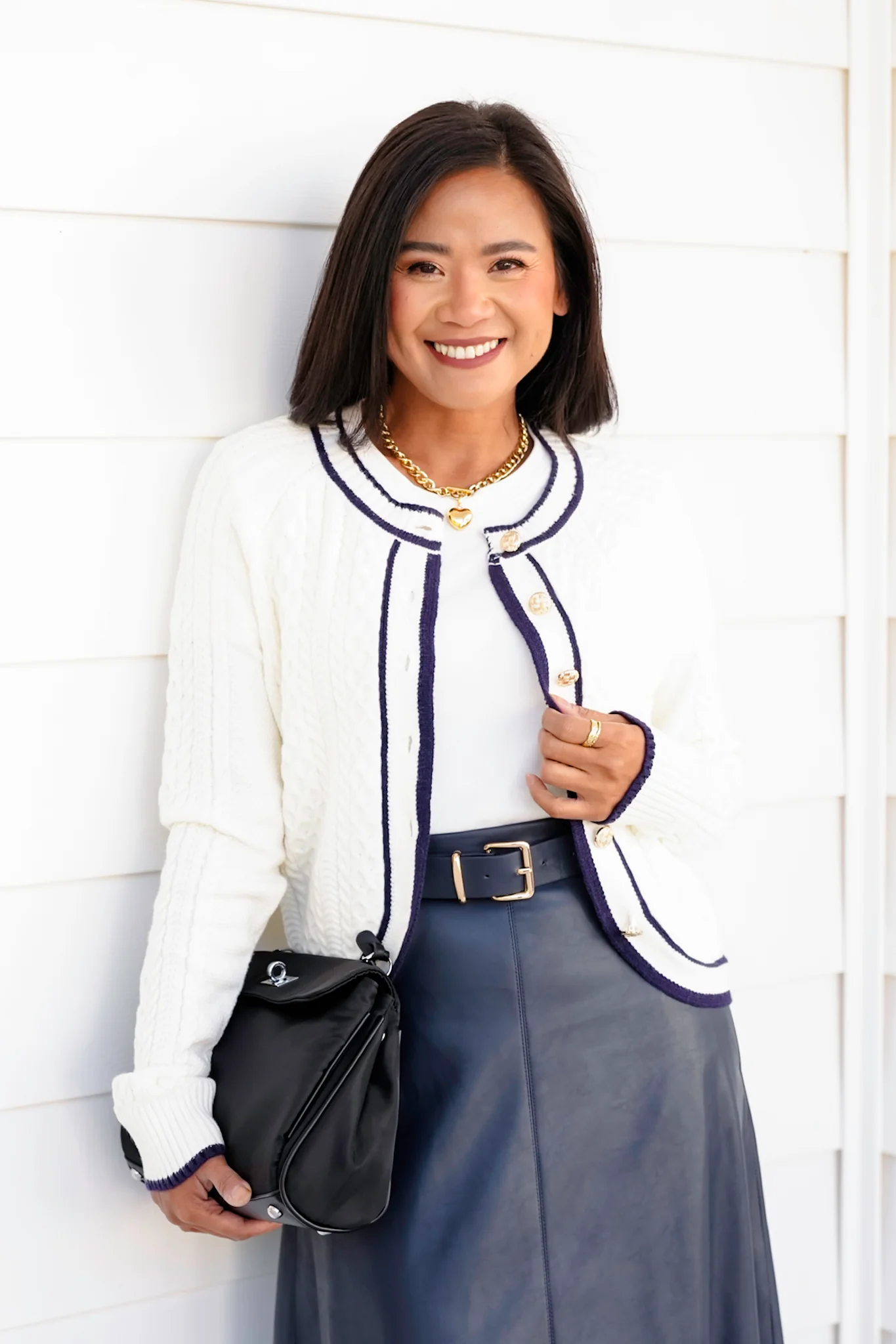Cable Knit Button Down Cardigan with Contrast Trim - Image 2