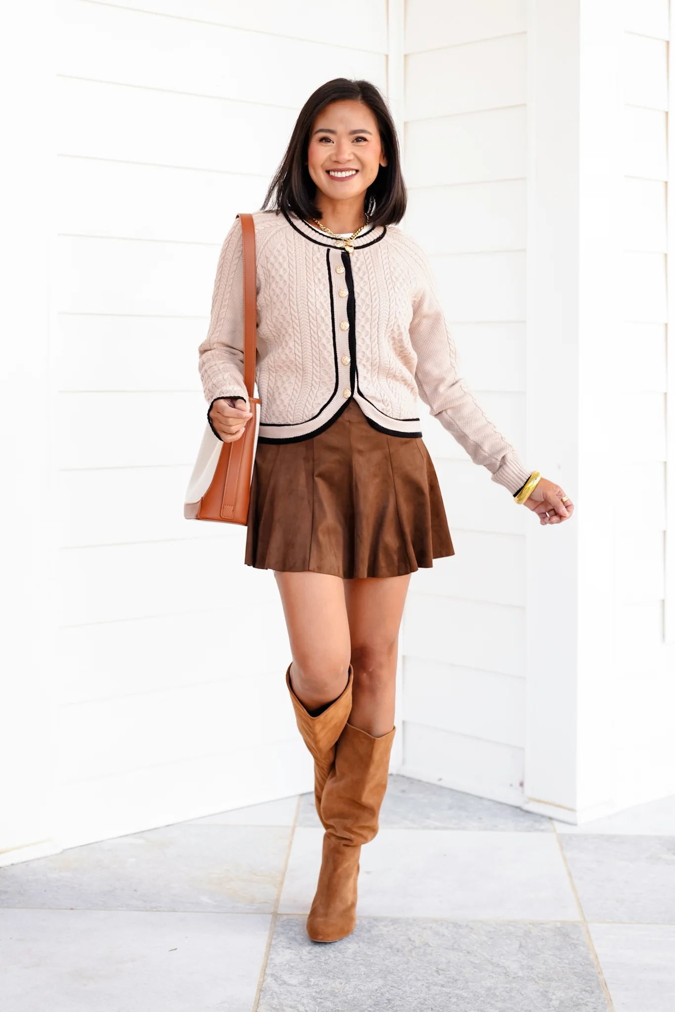 Cable Knit Button Down Cardigan with Contrast Trim - Image 4