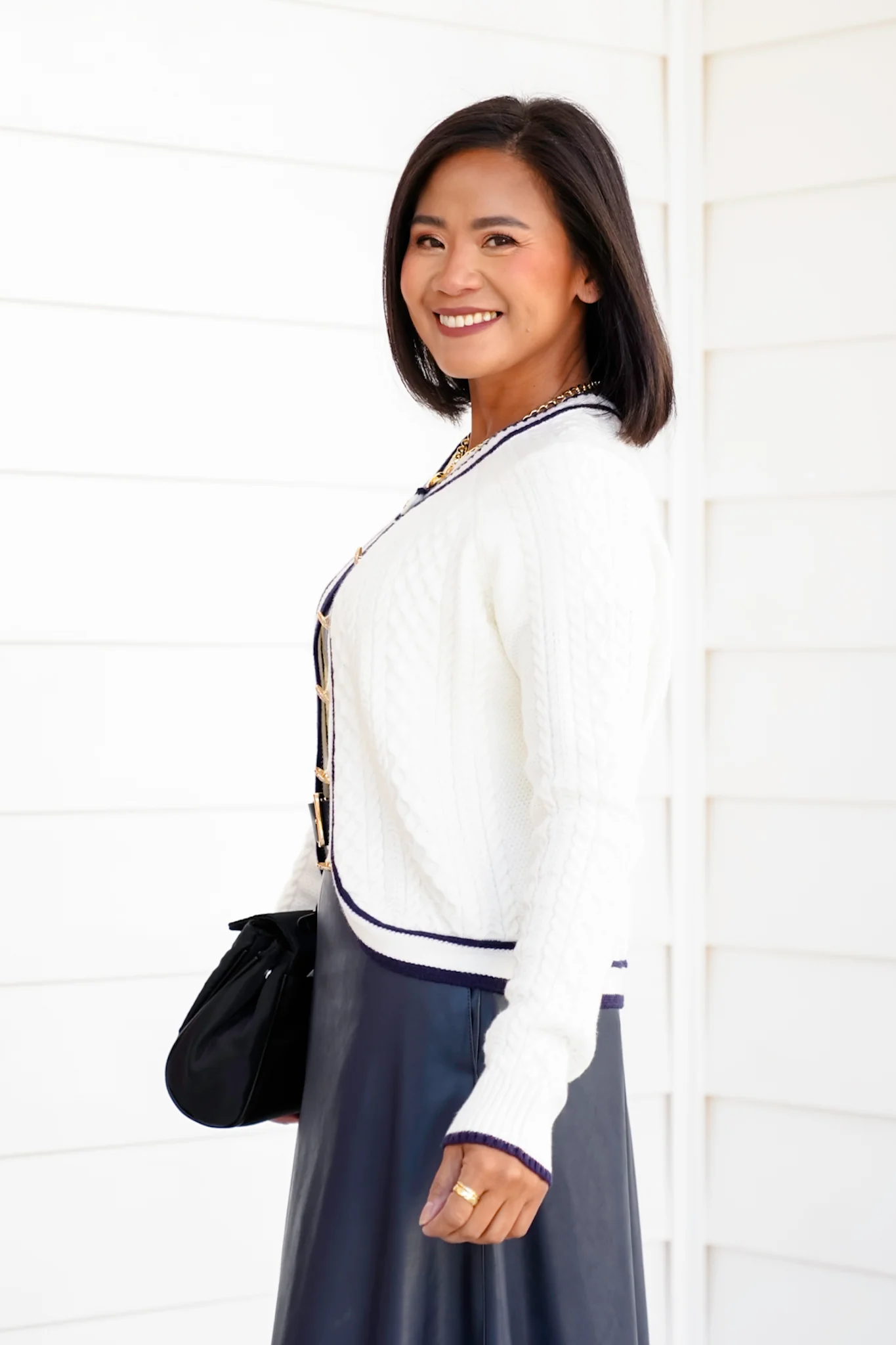 Cable Knit Button Down Cardigan with Contrast Trim - Image 5