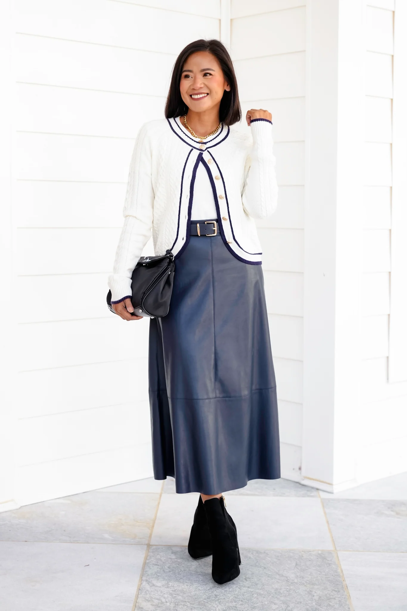 Cable Knit Button Down Cardigan with Contrast Trim - Image 7