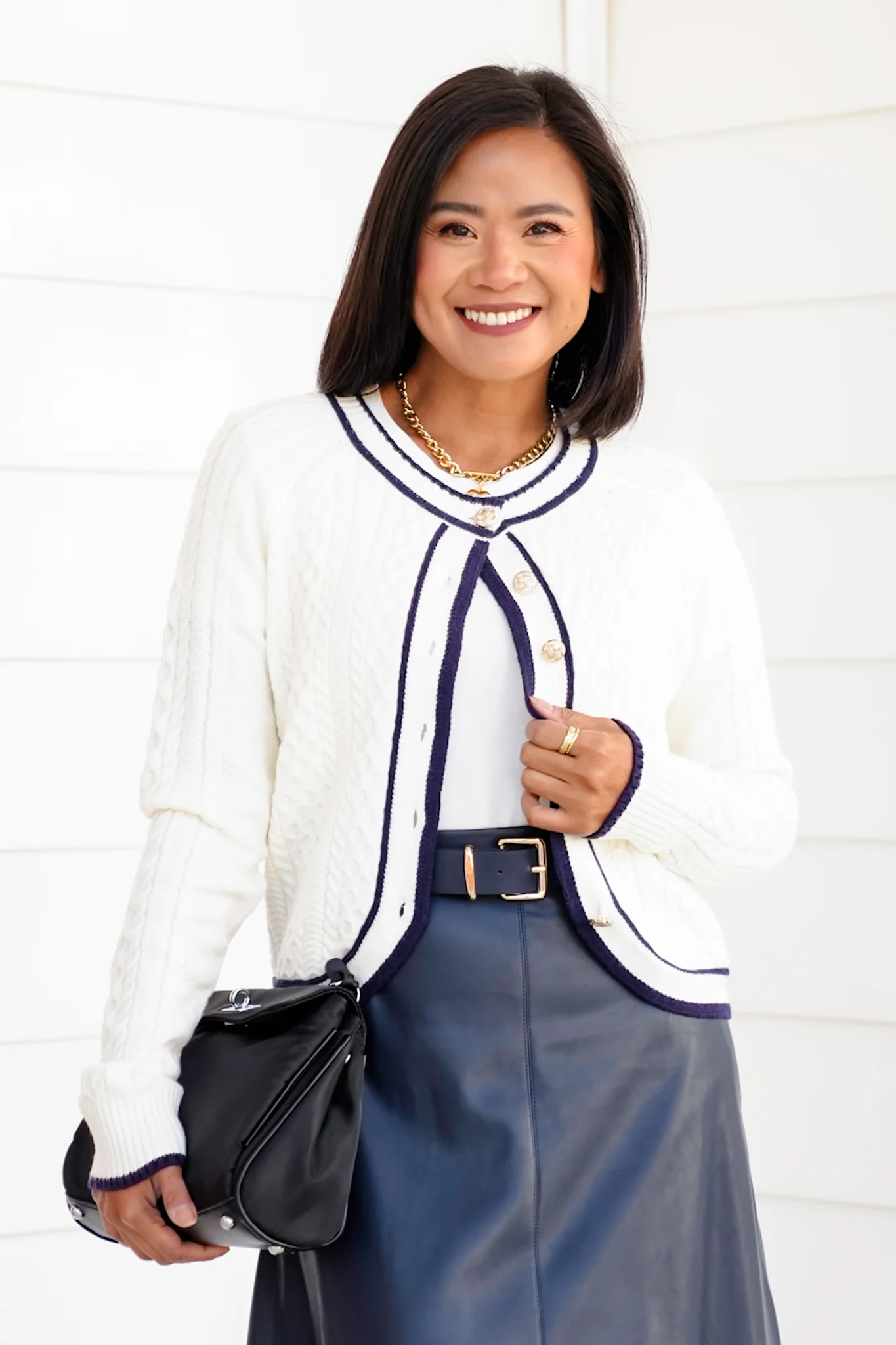 Cable Knit Button Down Cardigan with Contrast Trim - Image 8