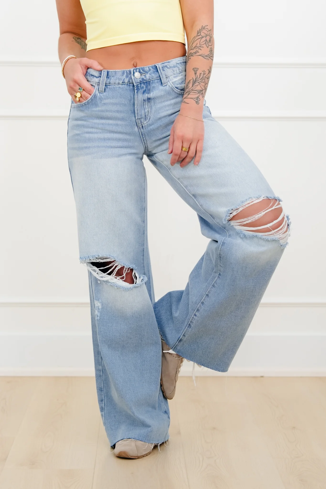 Cello Low Rise Light Wash Distressed Wide Leg Jeans - Image 3