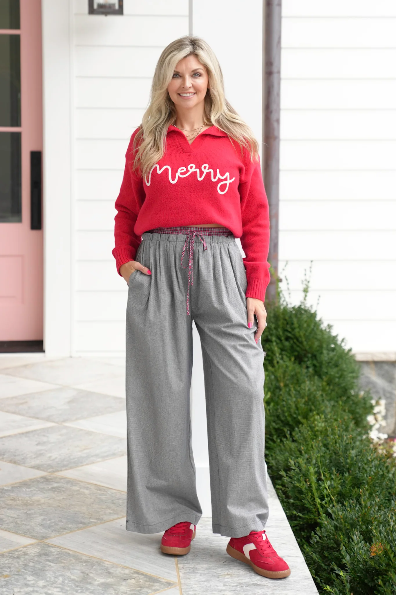 Checkered Elastic Waist Pants with Plaid Accent - Image 10