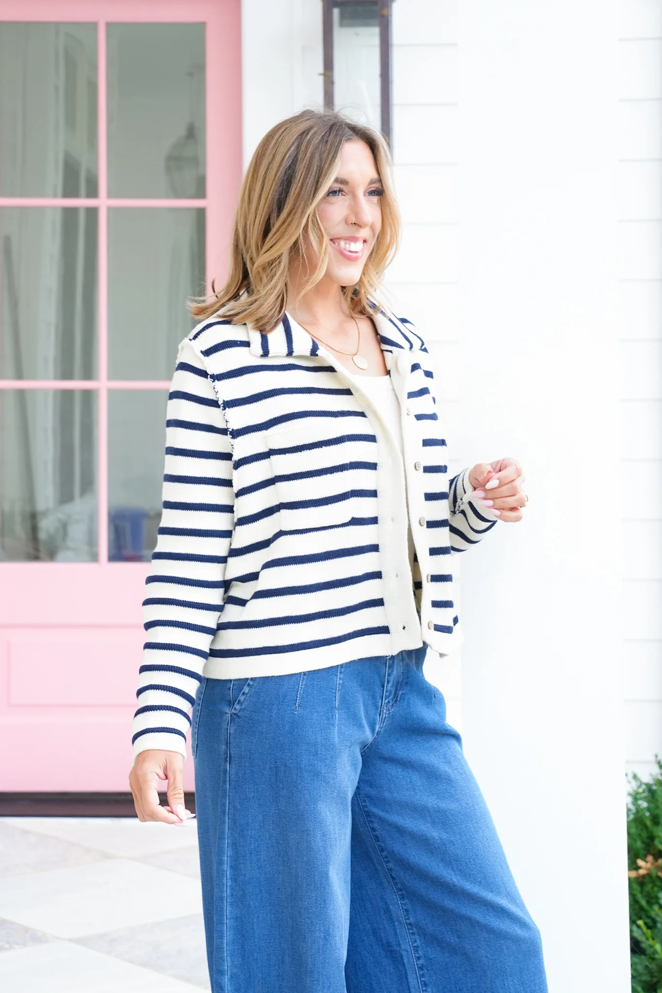 Stripe Long Sleeve Button Down Cardigan with Reverse Seam - Image 4