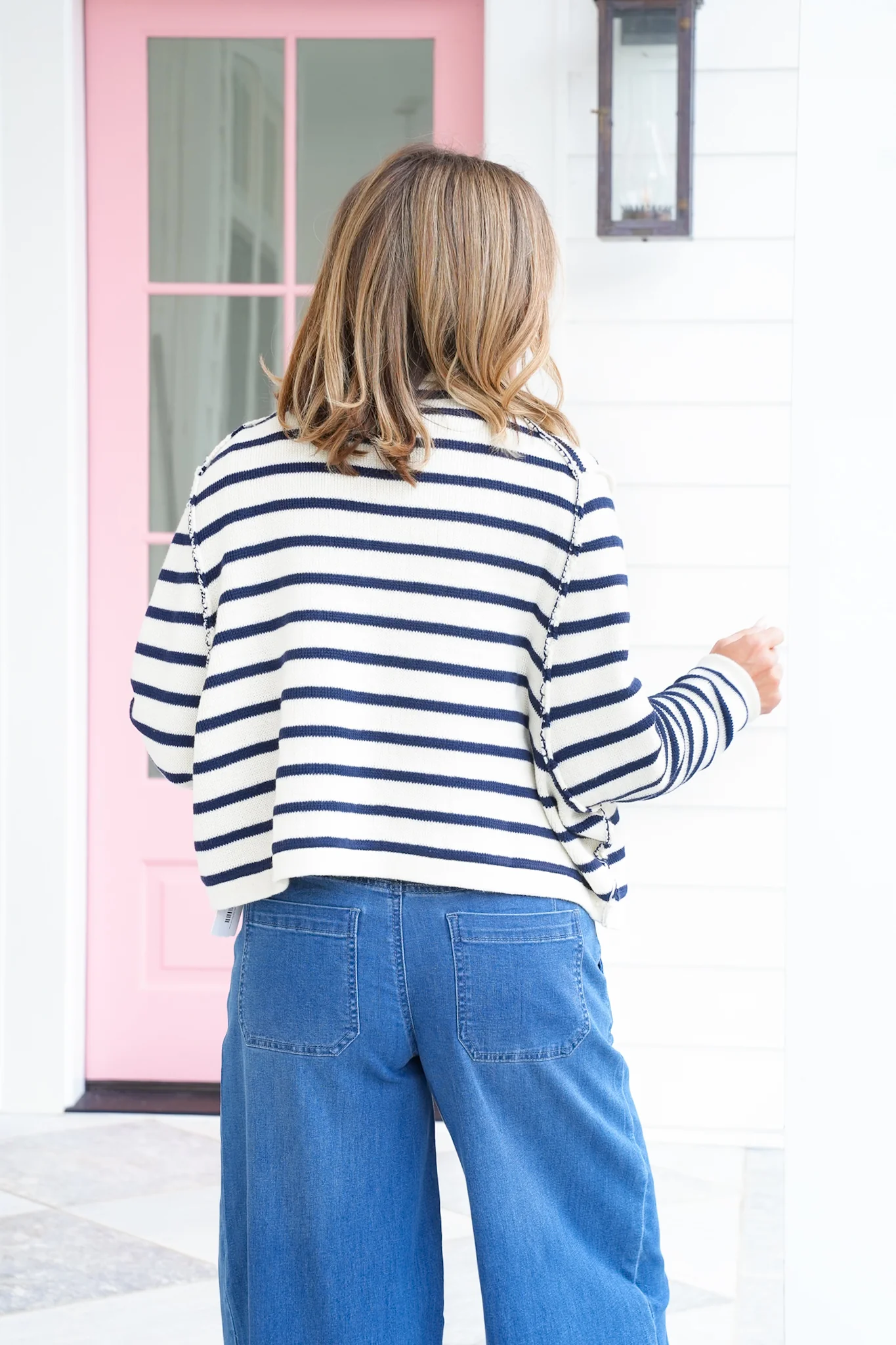 Stripe Long Sleeve Button Down Cardigan with Reverse Seam - Image 5