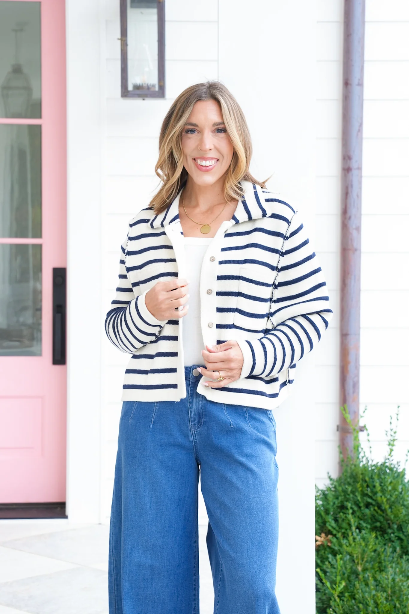 Stripe Long Sleeve Button Down Cardigan with Reverse Seam - Image 6