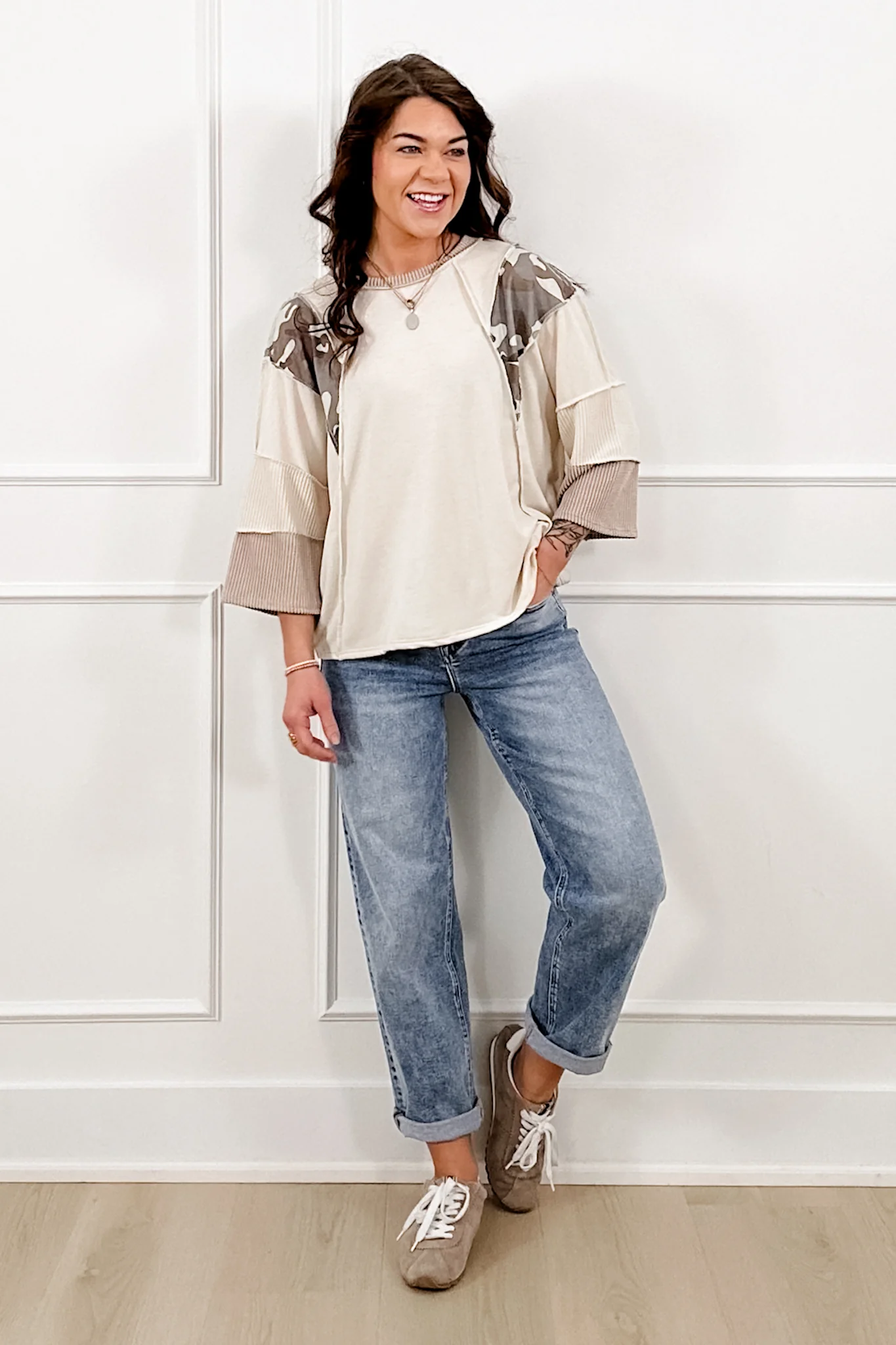 Plus/Reg Color Block 3/4 Sleeve Top with Camo Trim - Image 2
