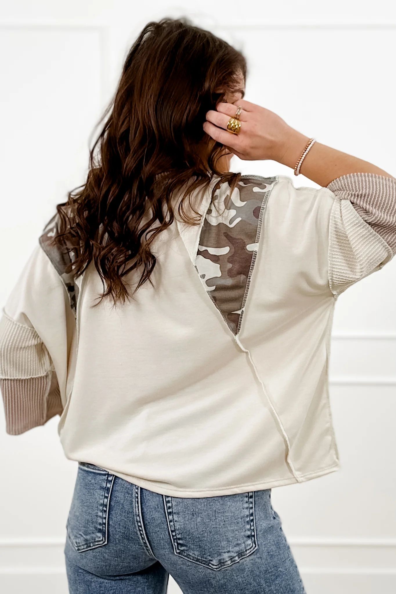 Plus/Reg Color Block 3/4 Sleeve Top with Camo Trim - Image 4