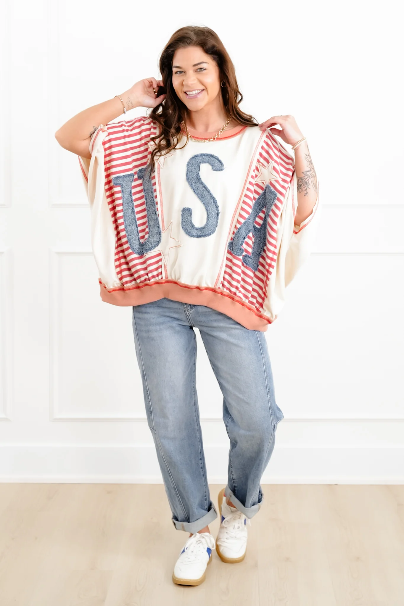 Color Block and Stripe 3/4 Sleeve Top with Denim "USA" Patchwork Detail - Image 2