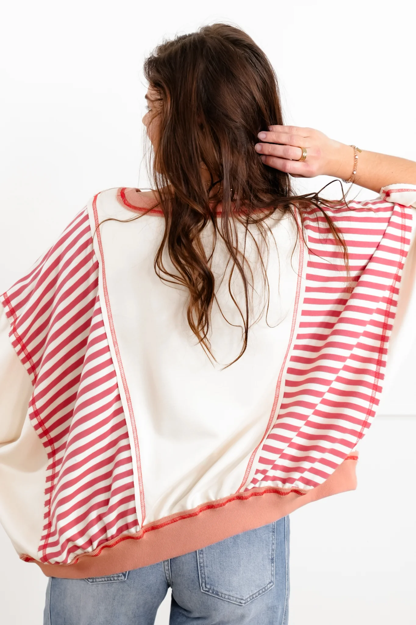 Color Block and Stripe 3/4 Sleeve Top with Denim "USA" Patchwork Detail - Image 4