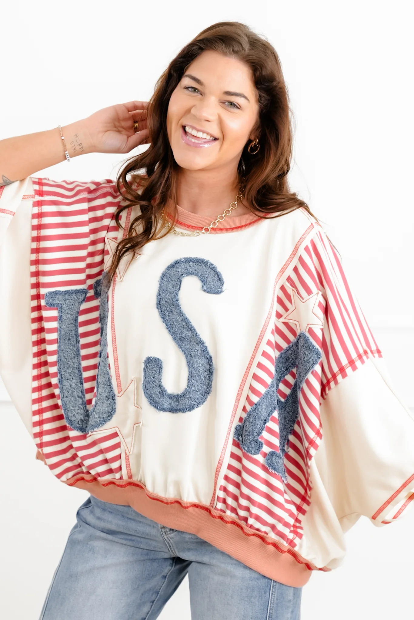 Color Block and Stripe 3/4 Sleeve Top with Denim "USA" Patchwork Detail - Image 5