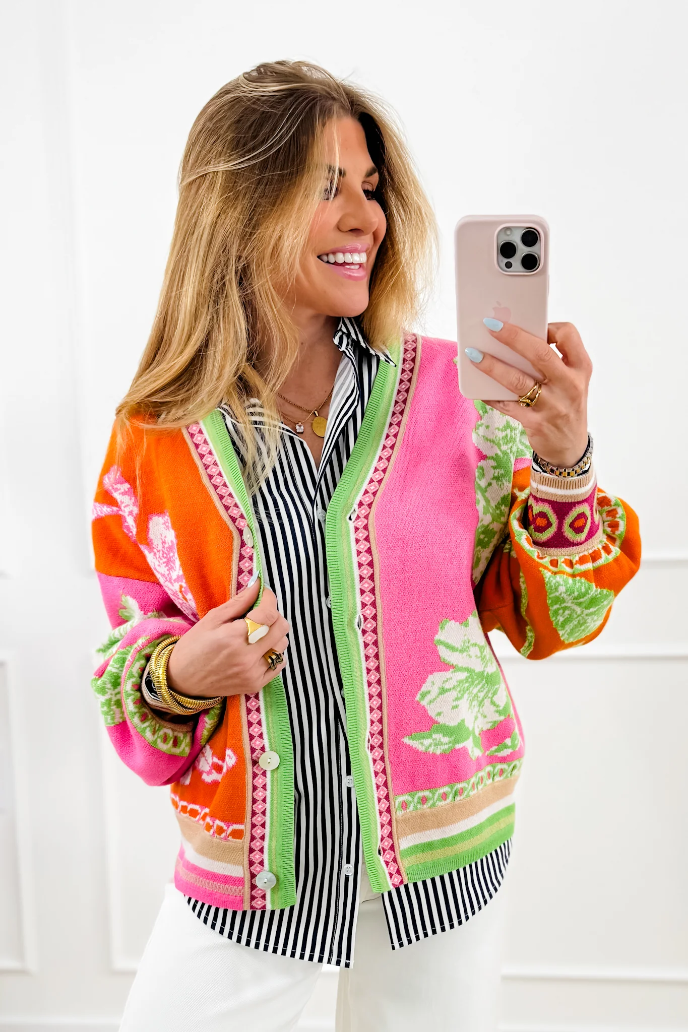 Color Block Floral Print Long Sleeve Button Down Cardigan - Image 3