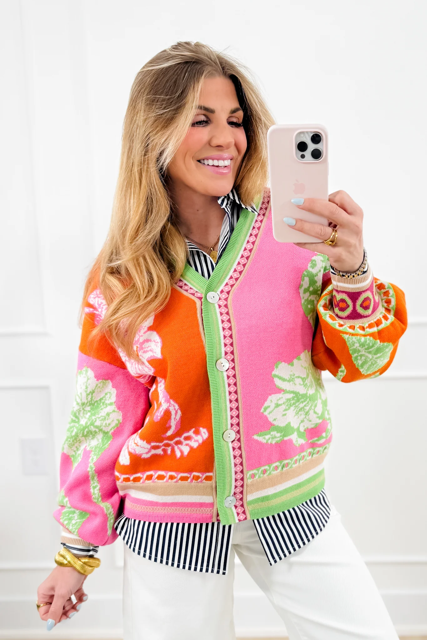Color Block Floral Print Long Sleeve Button Down Cardigan - Image 5