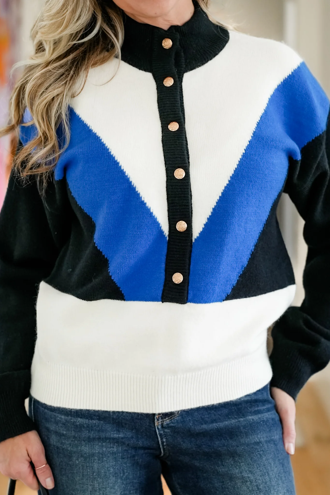 Color Block Long Sleeve Button Up Sweater - Image 2