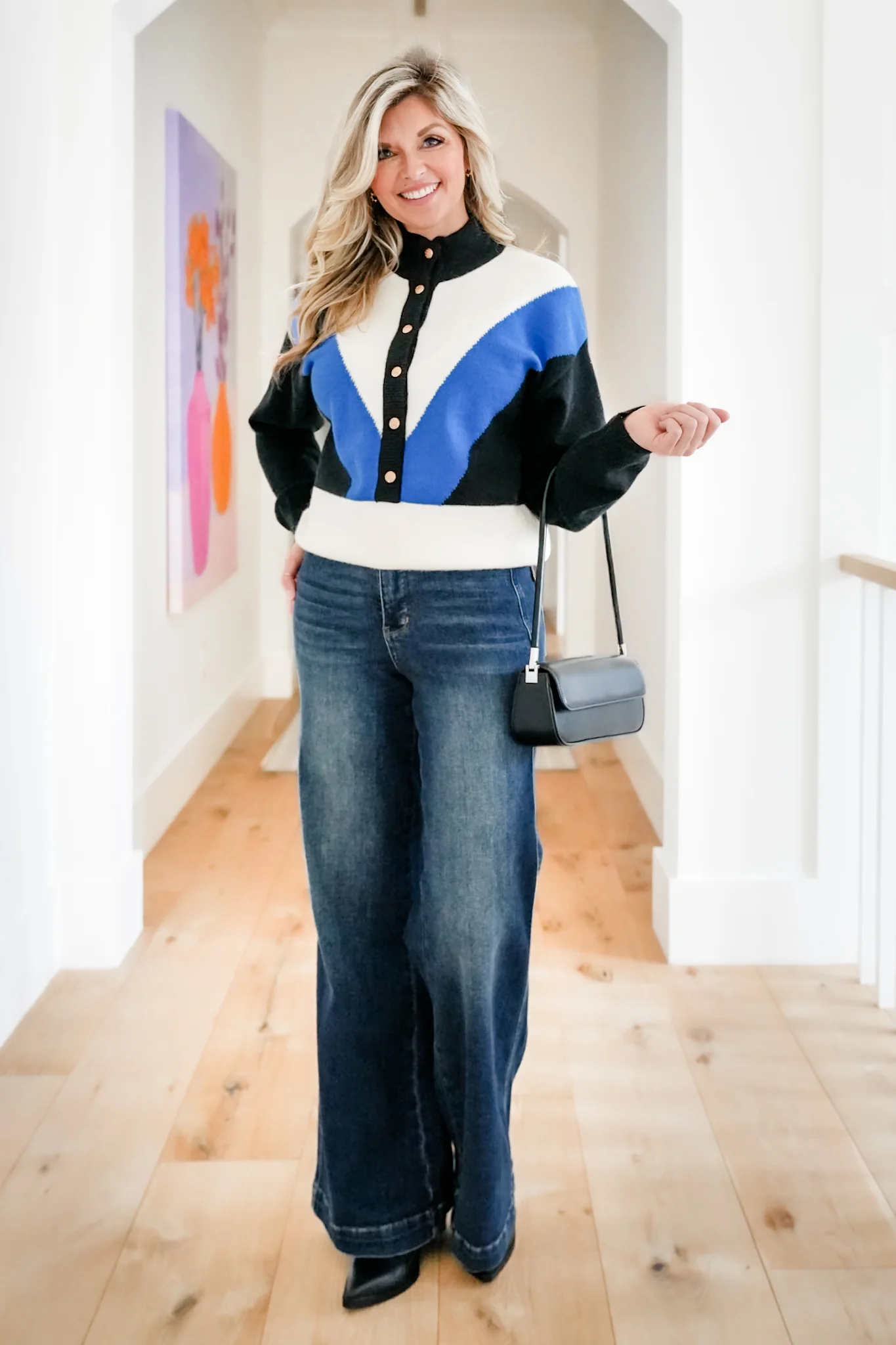 Color Block Long Sleeve Button Up Sweater - Image 3