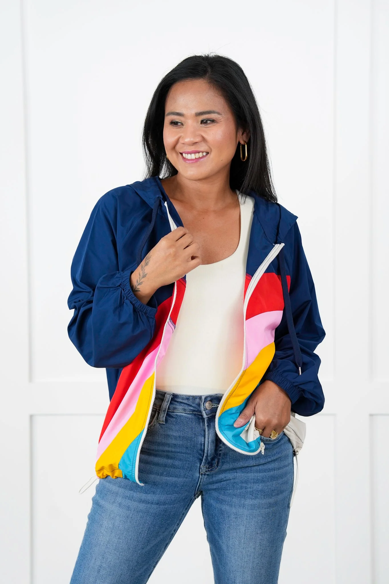 Color Block Long Sleeve Zip Up Hooded Windbreaker Jacket - Image 2