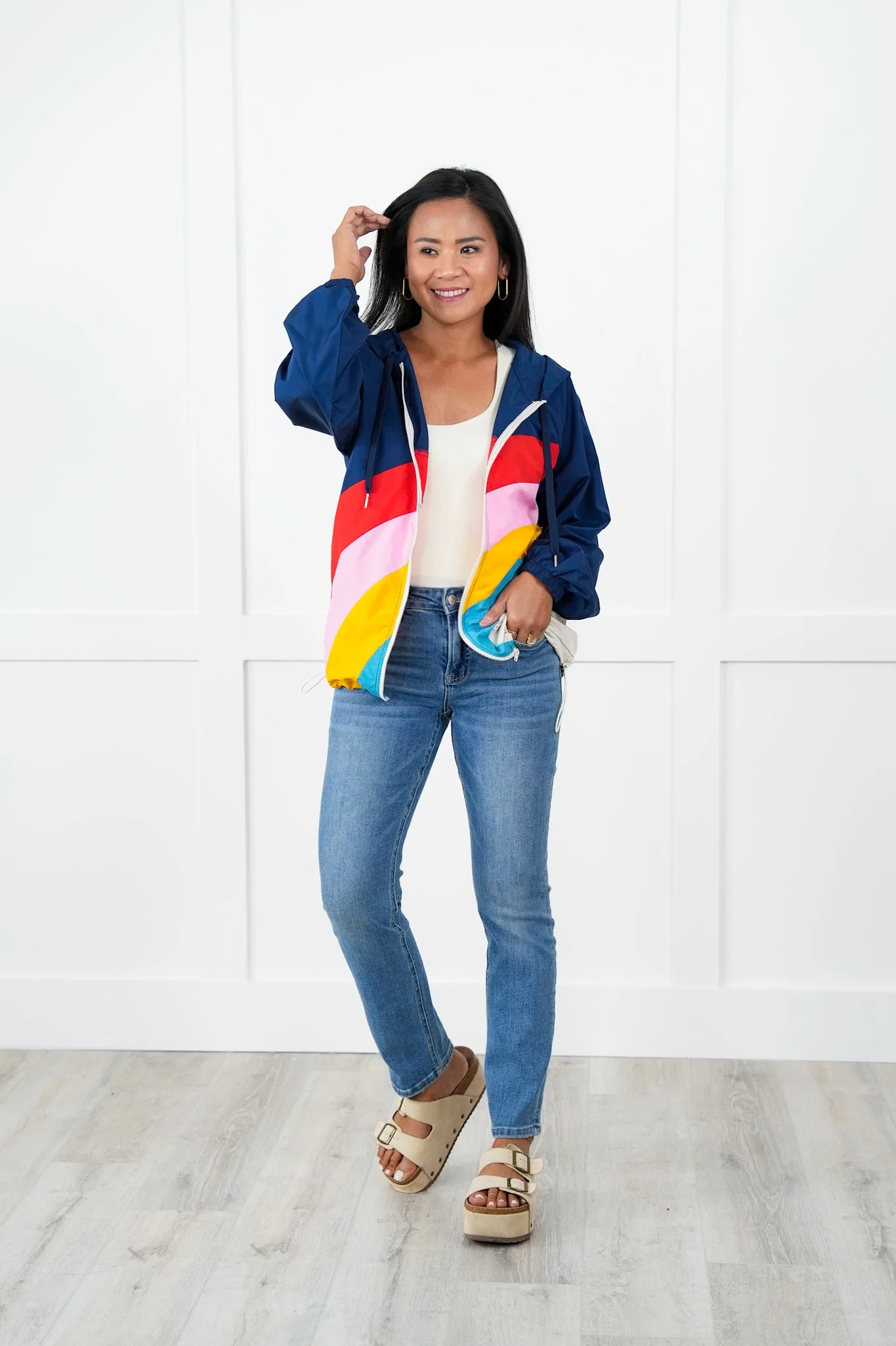 Color Block Long Sleeve Zip Up Hooded Windbreaker Jacket - Image 5